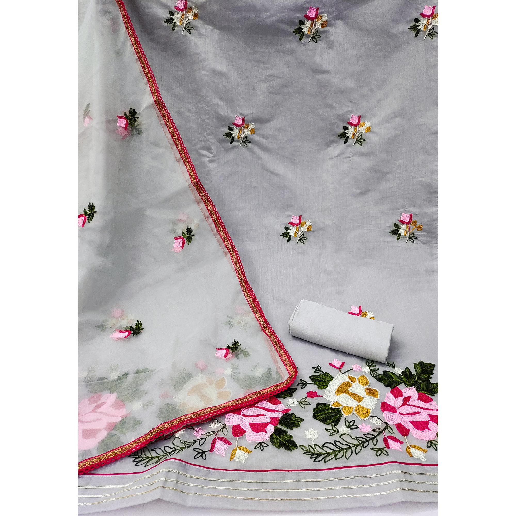 Grey Floral Embroidered Modal Dress Material