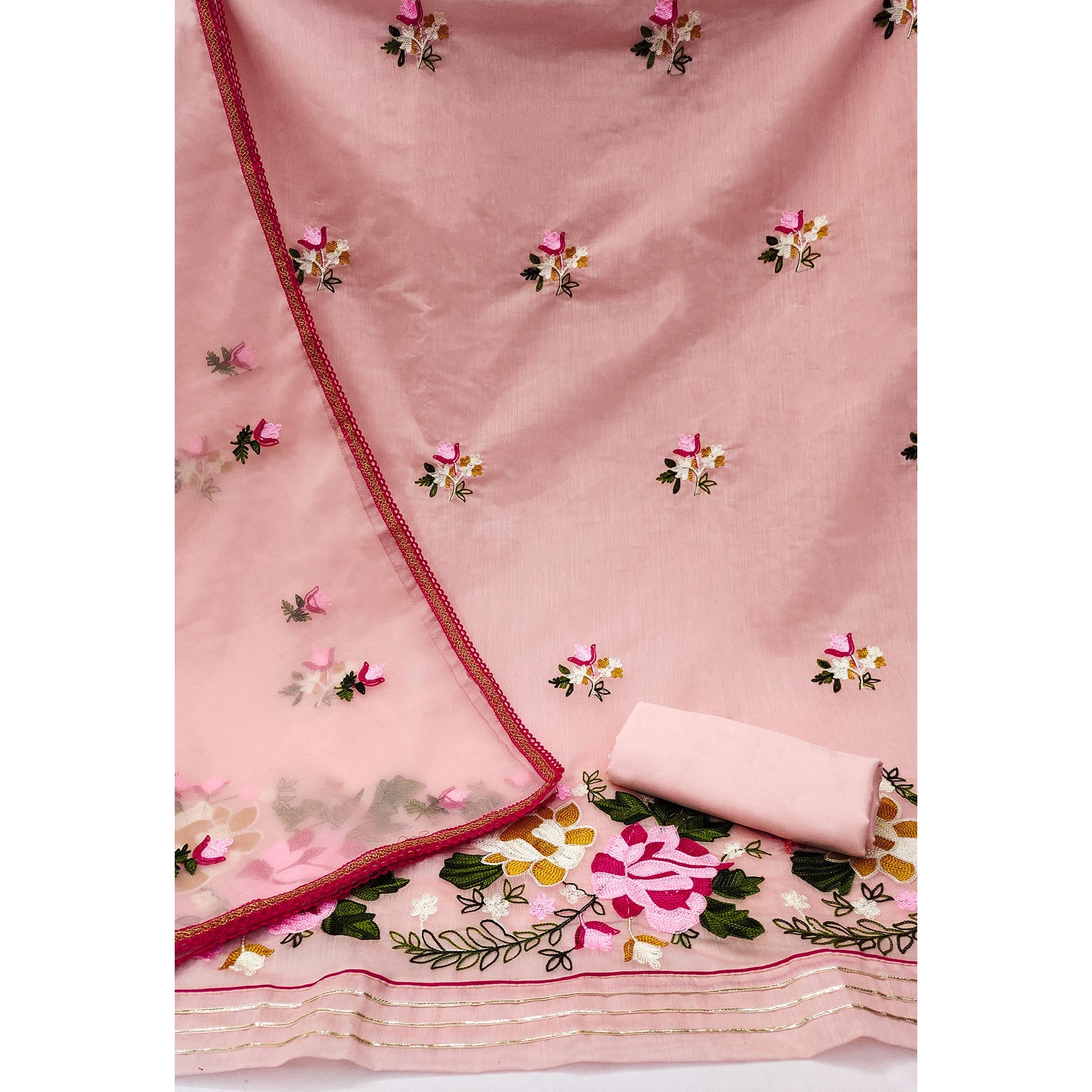 Peach Floral Embroidered Modal Dress Material