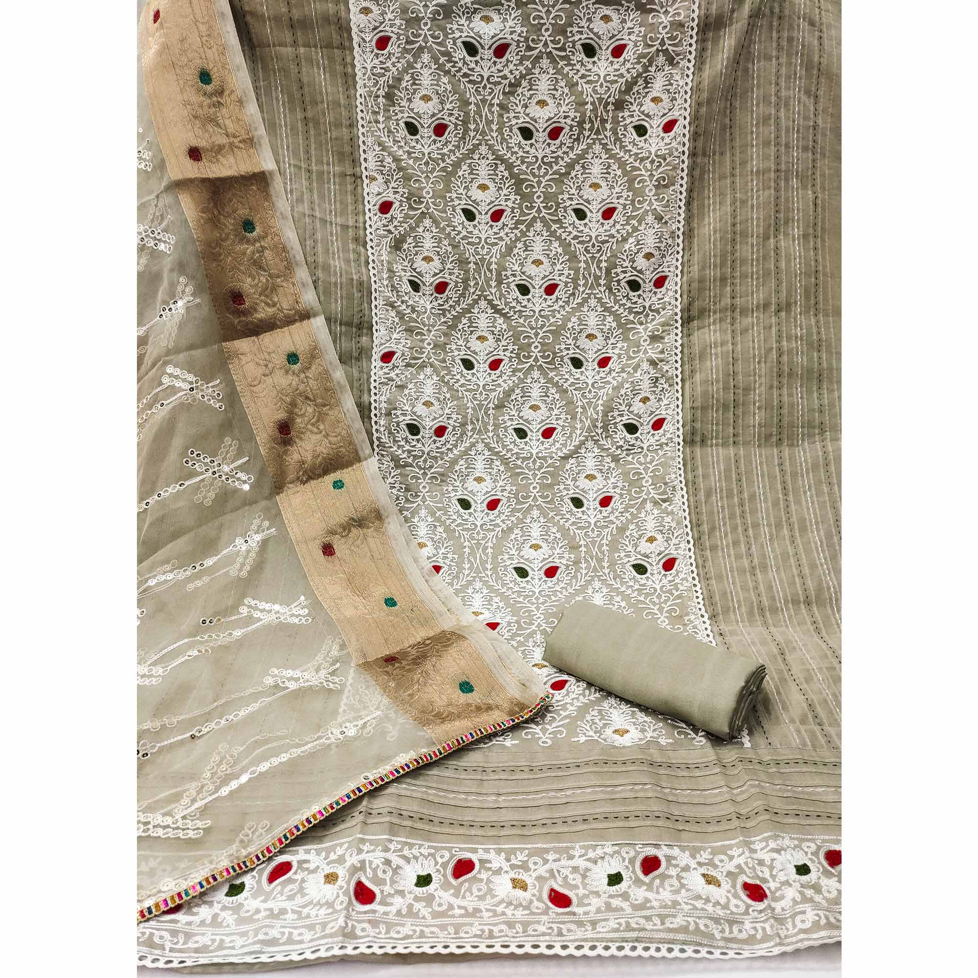 Grey Floral Embroidered Modal Dress Material