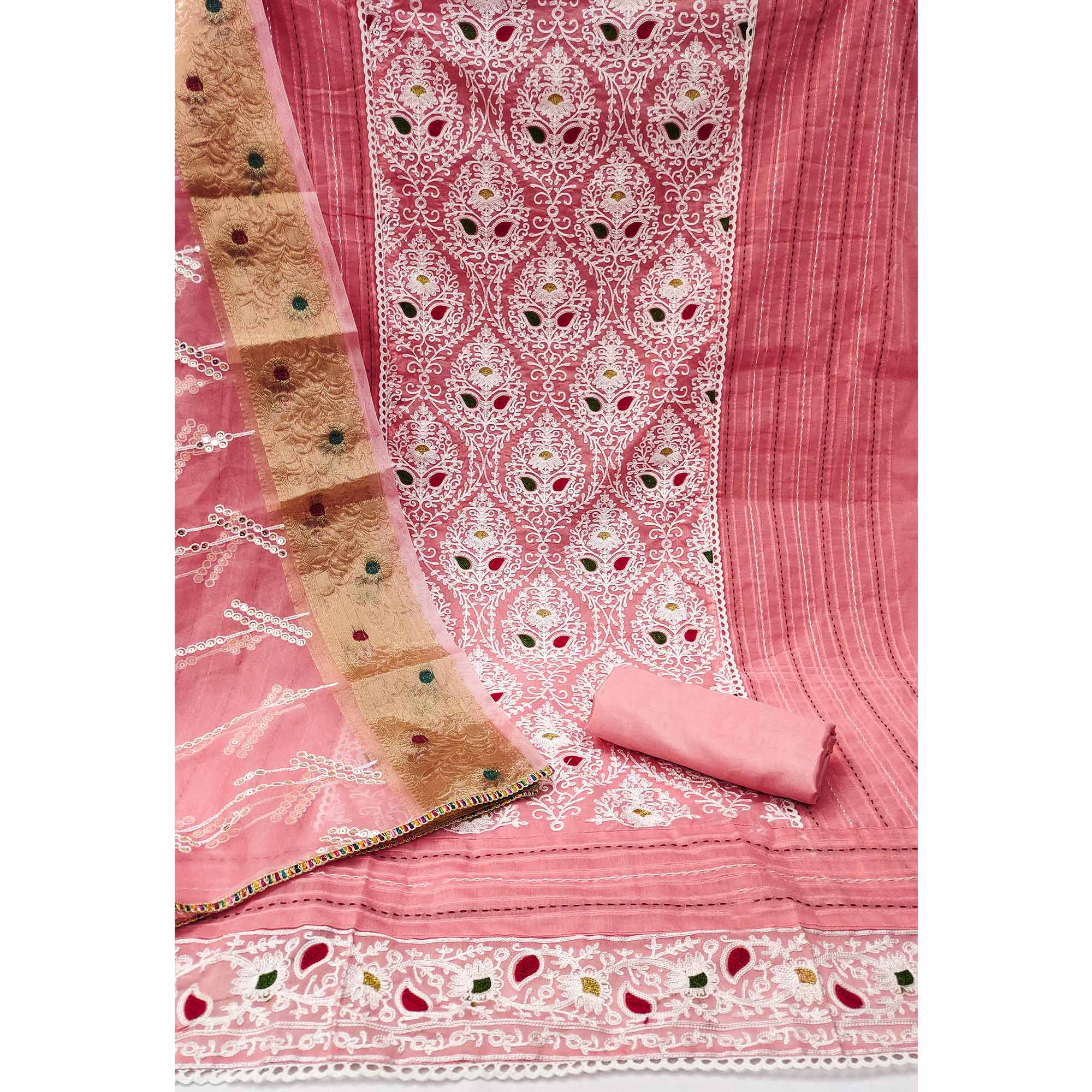 Pink Floral Embroidered Modal Dress Material