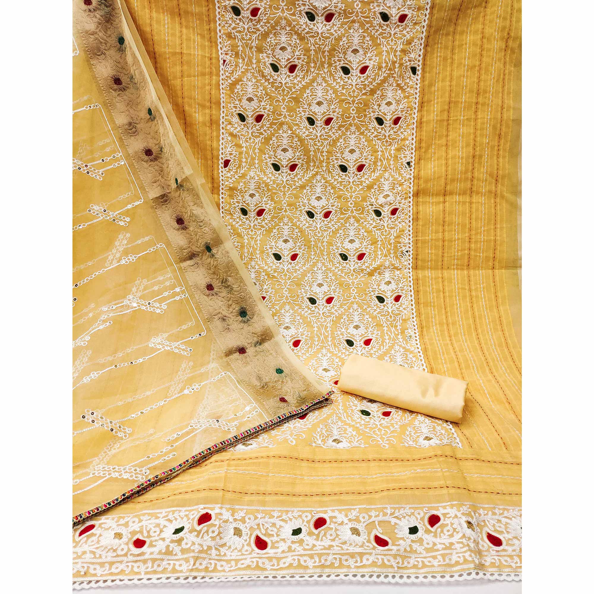 Yellow Floral Embroidered Modal Dress Material