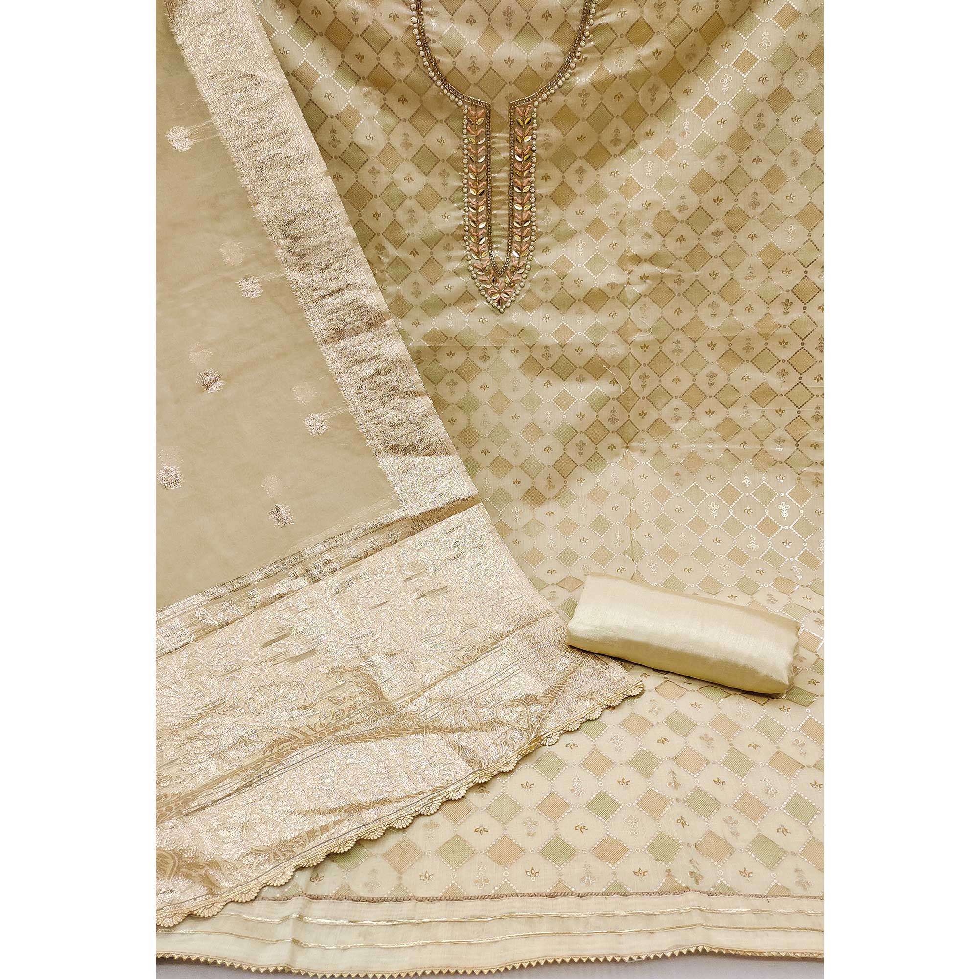 Beige Printed With Handwork Modal Dress Material