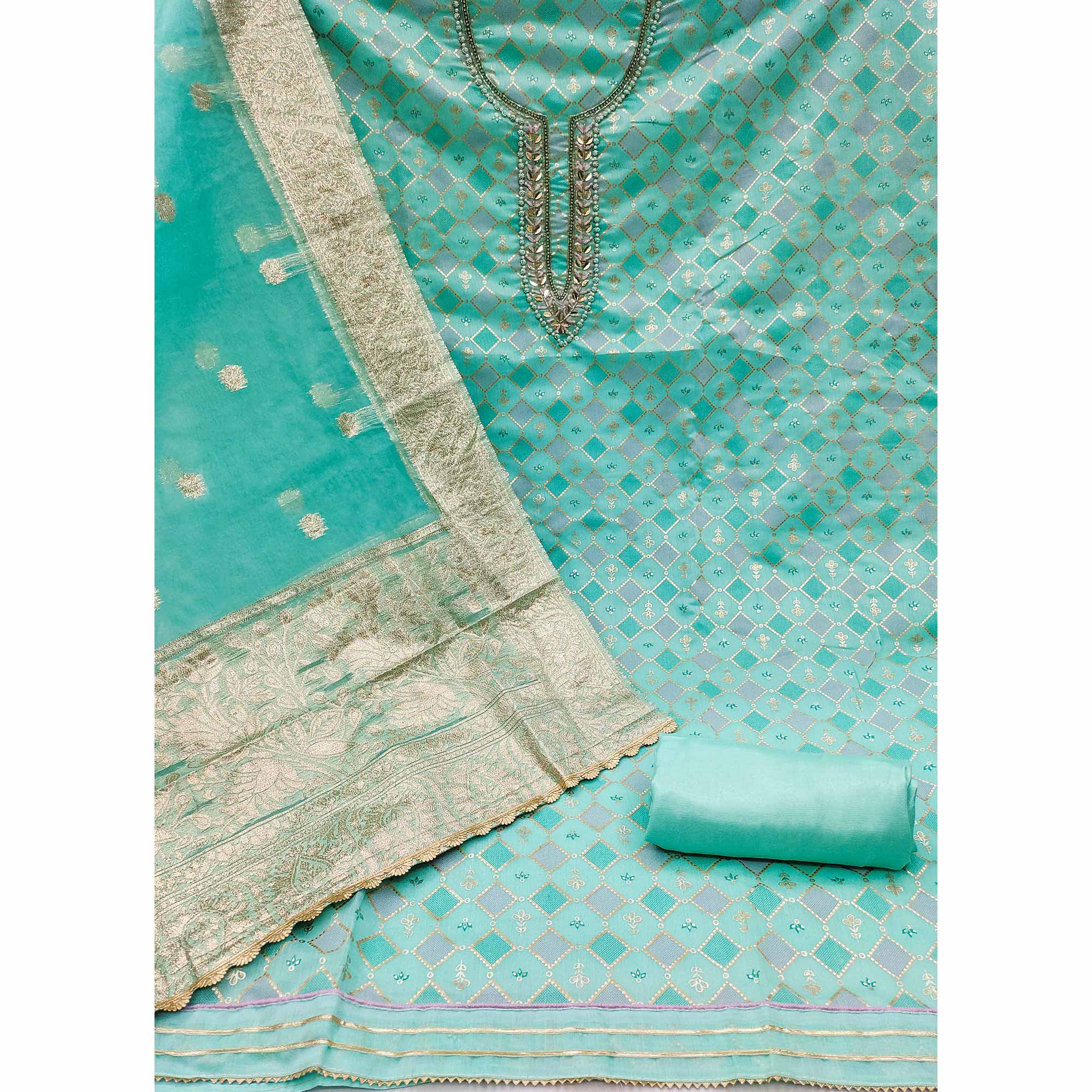 Turquoise Printed With Handwork Modal Dress Material