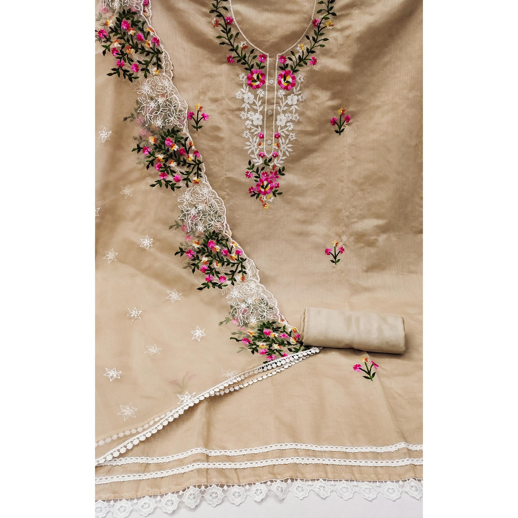 Chikoo Floral Embroidered Chanderi Dress Material