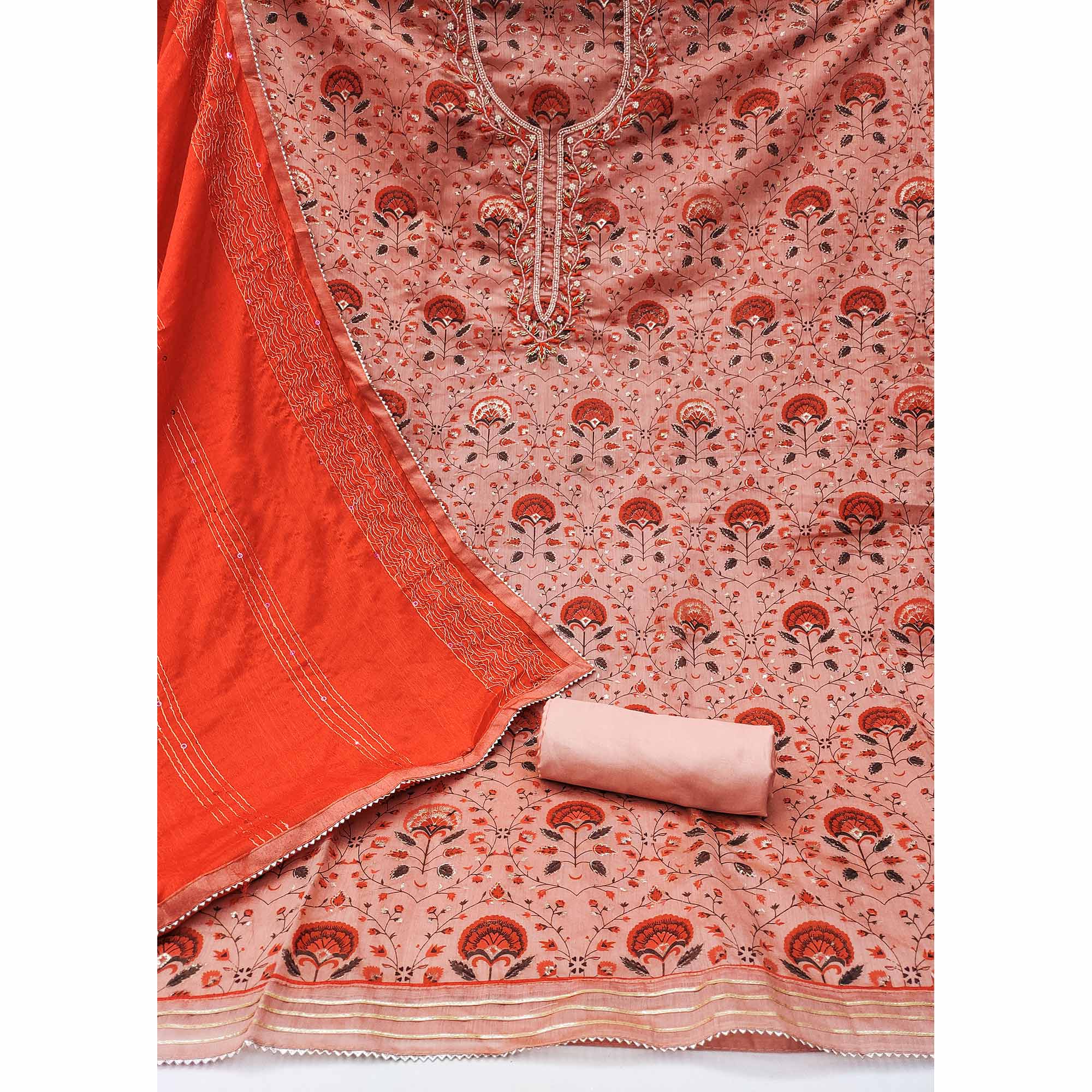 Peach Printed With Handwork Modal Dress Material