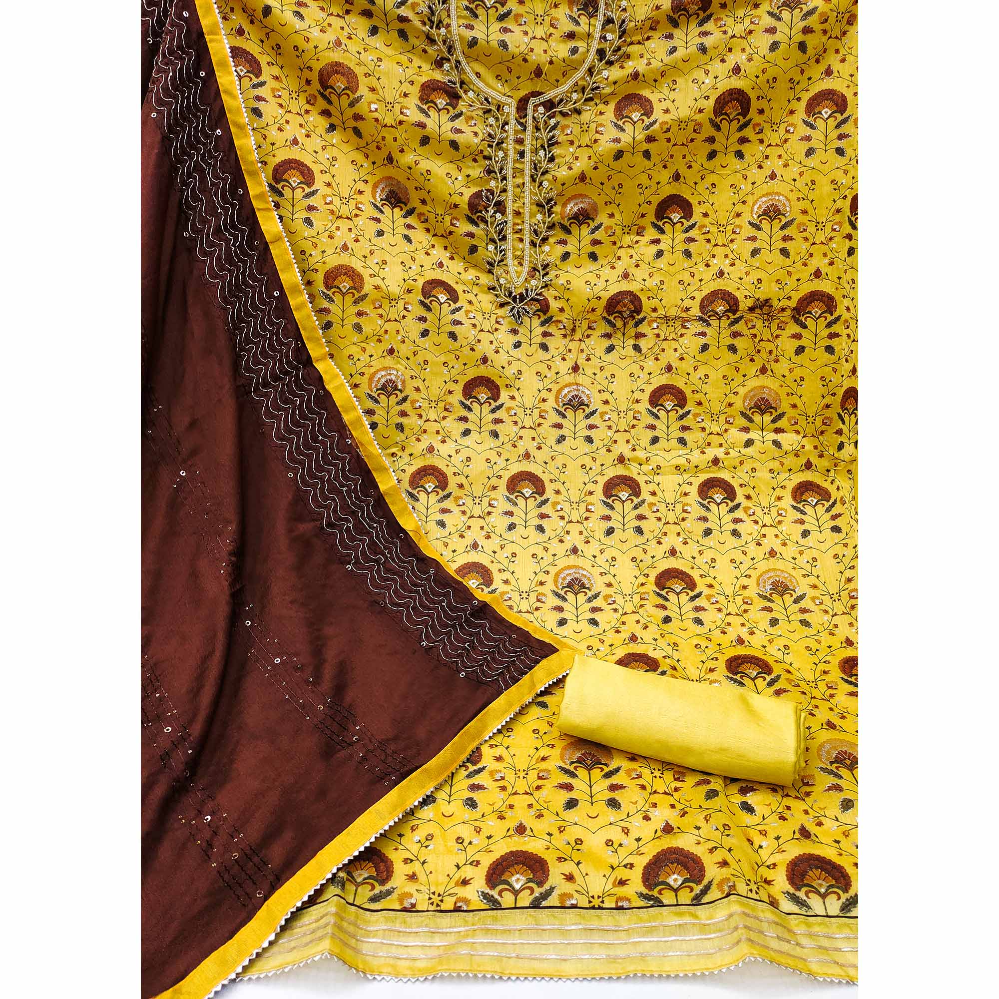 Yellow Printed With Handwork Modal Dress Material