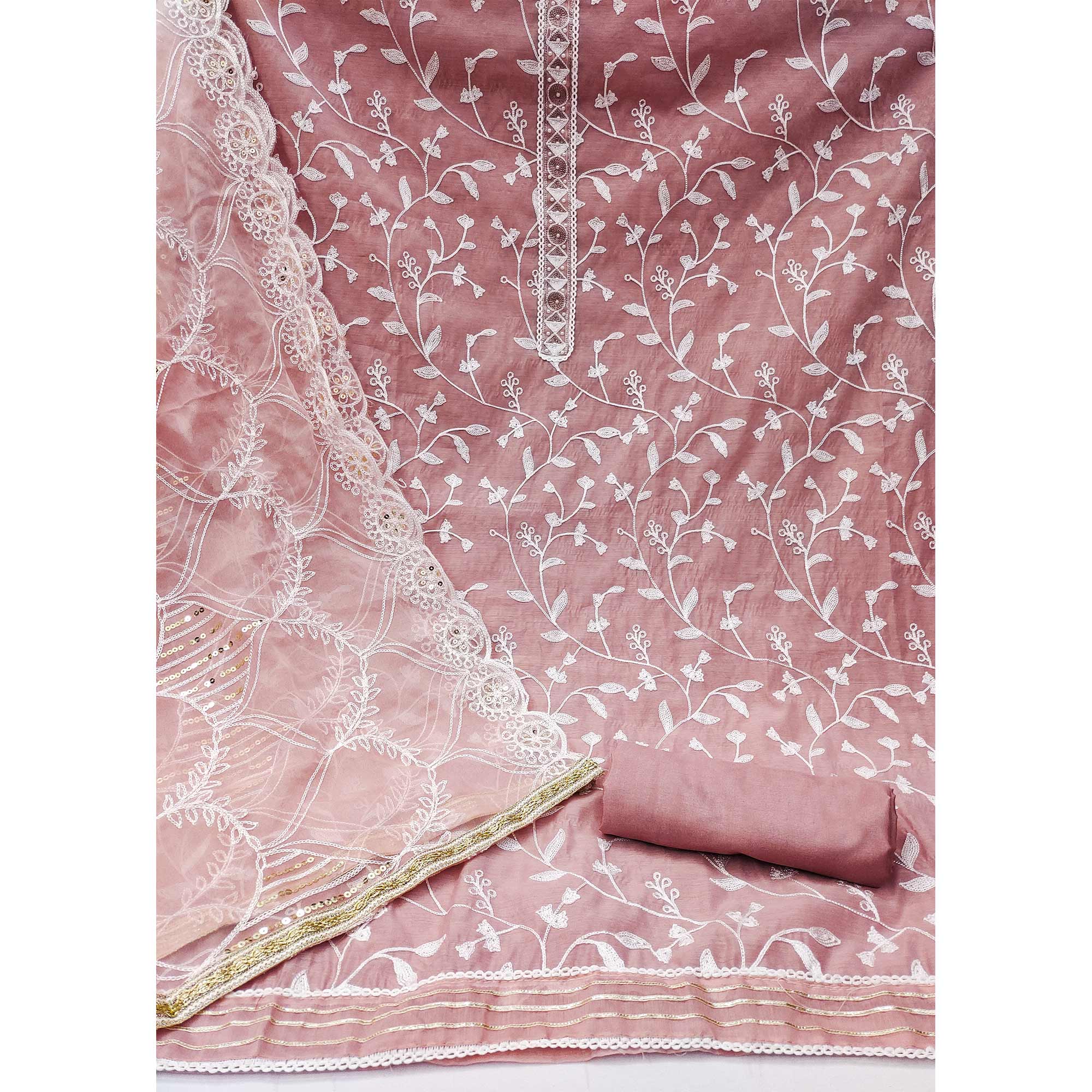 Dusty Pink Floral Embroidered Modal Dress Material
