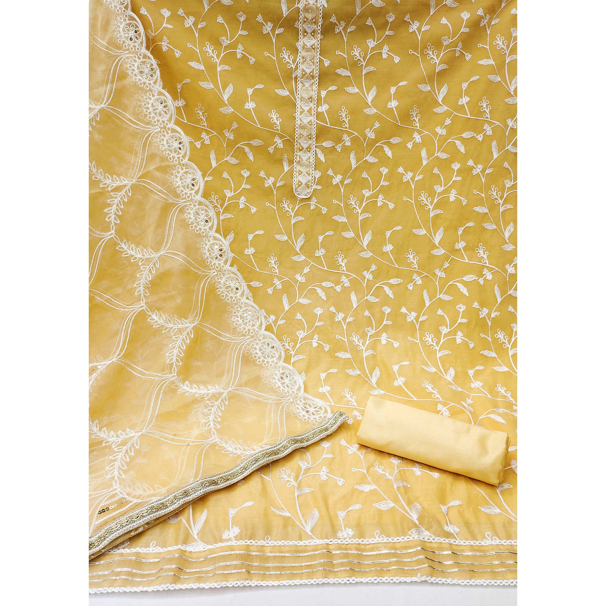 Yellow Floral Embroidered Modal Dress Material