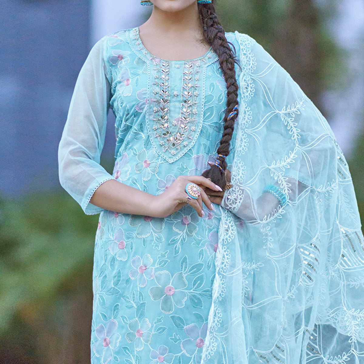 Blue Printed With Handwork Organza Salwar Suit