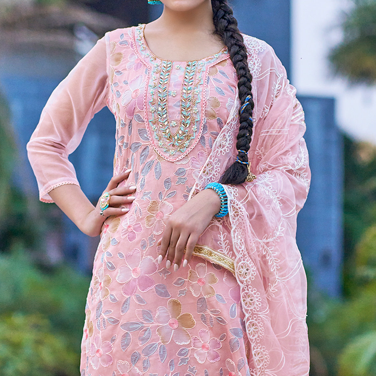 Peach Printed With Handwork Organza Dress Material