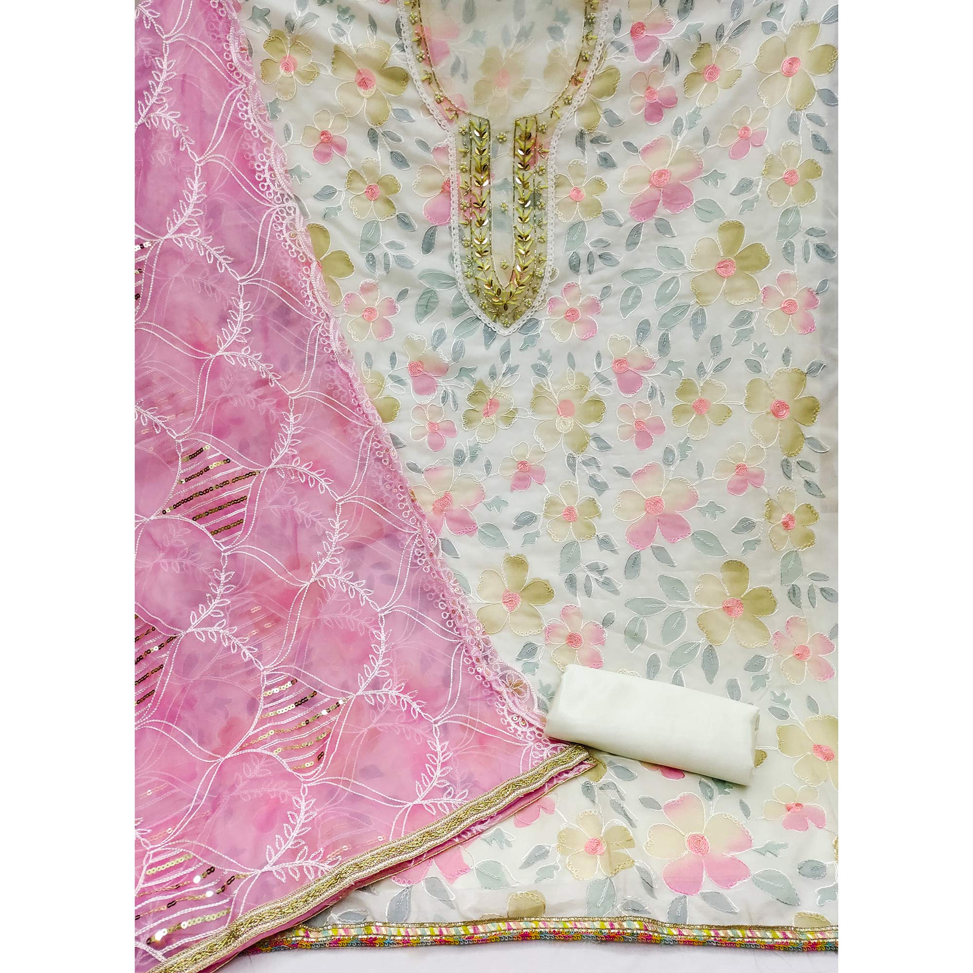 White Printed With Handwork Organza Dress Material