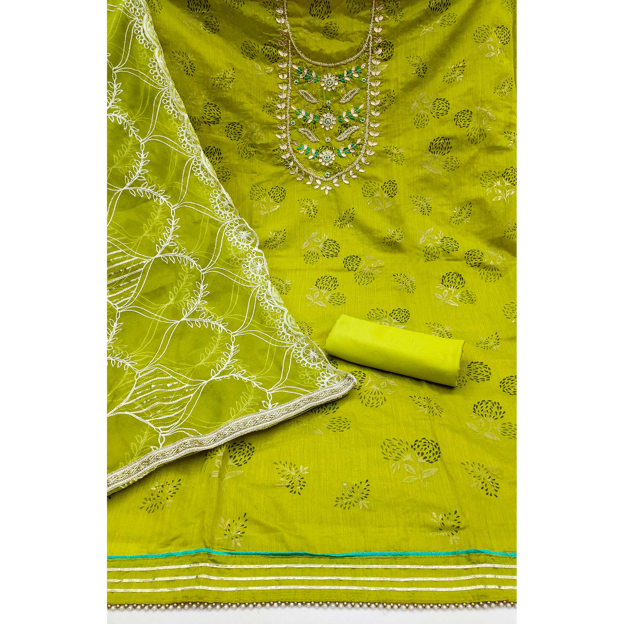 Green Floral Printed Handwork Modal Dress Material