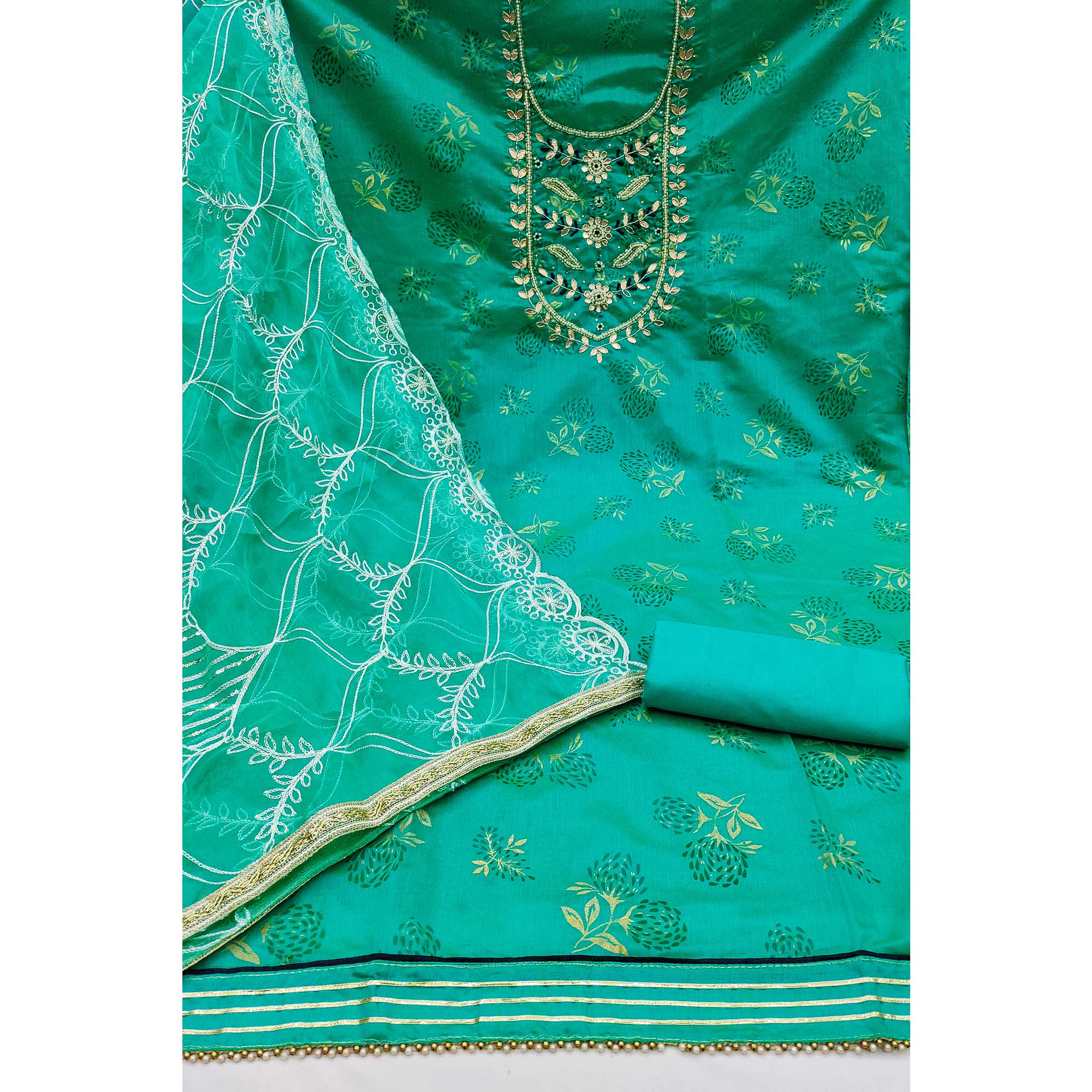 Rama Green Floral Printed Handwork Modal Dress Material