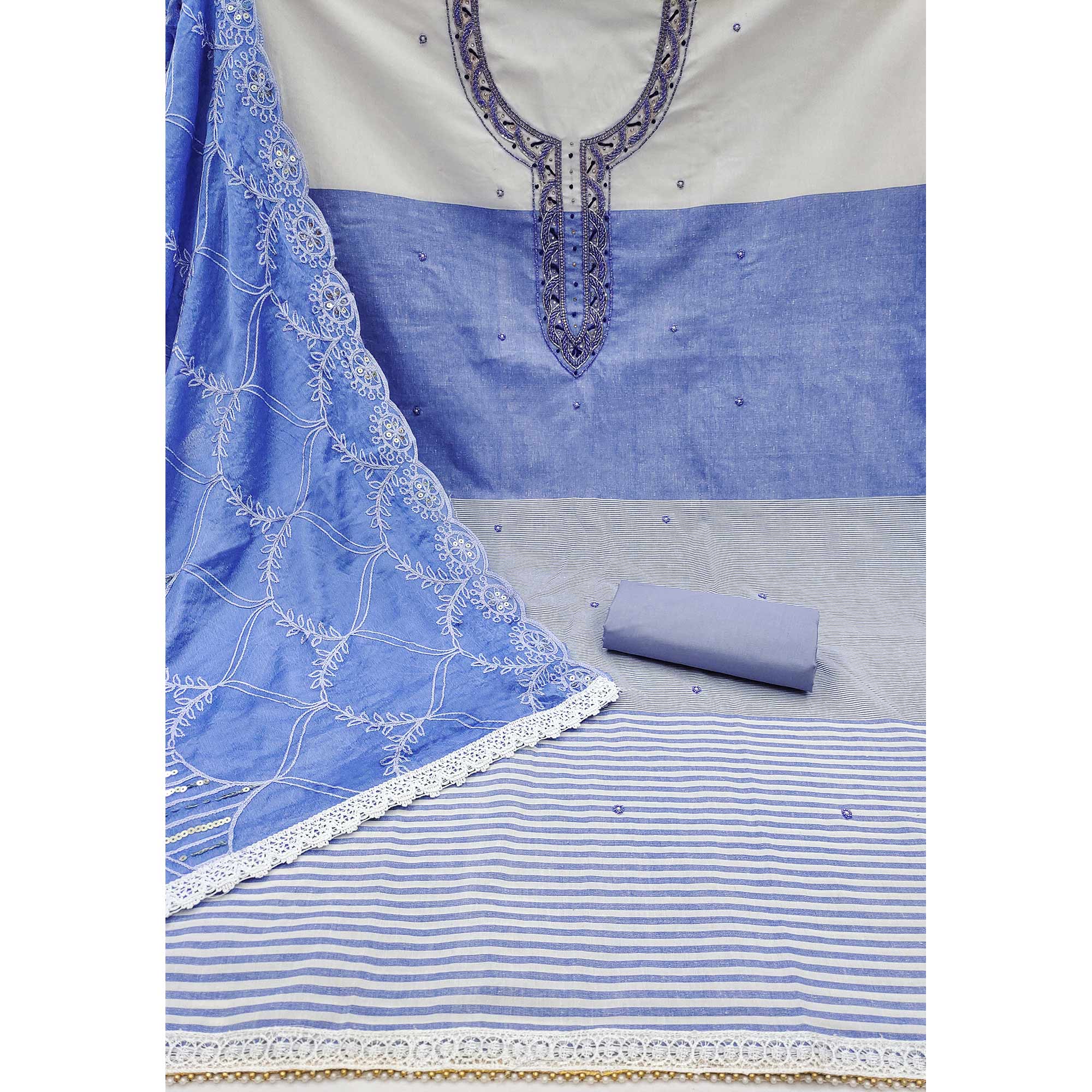 Blue Printed Handwork Pure Cotton Dress Material