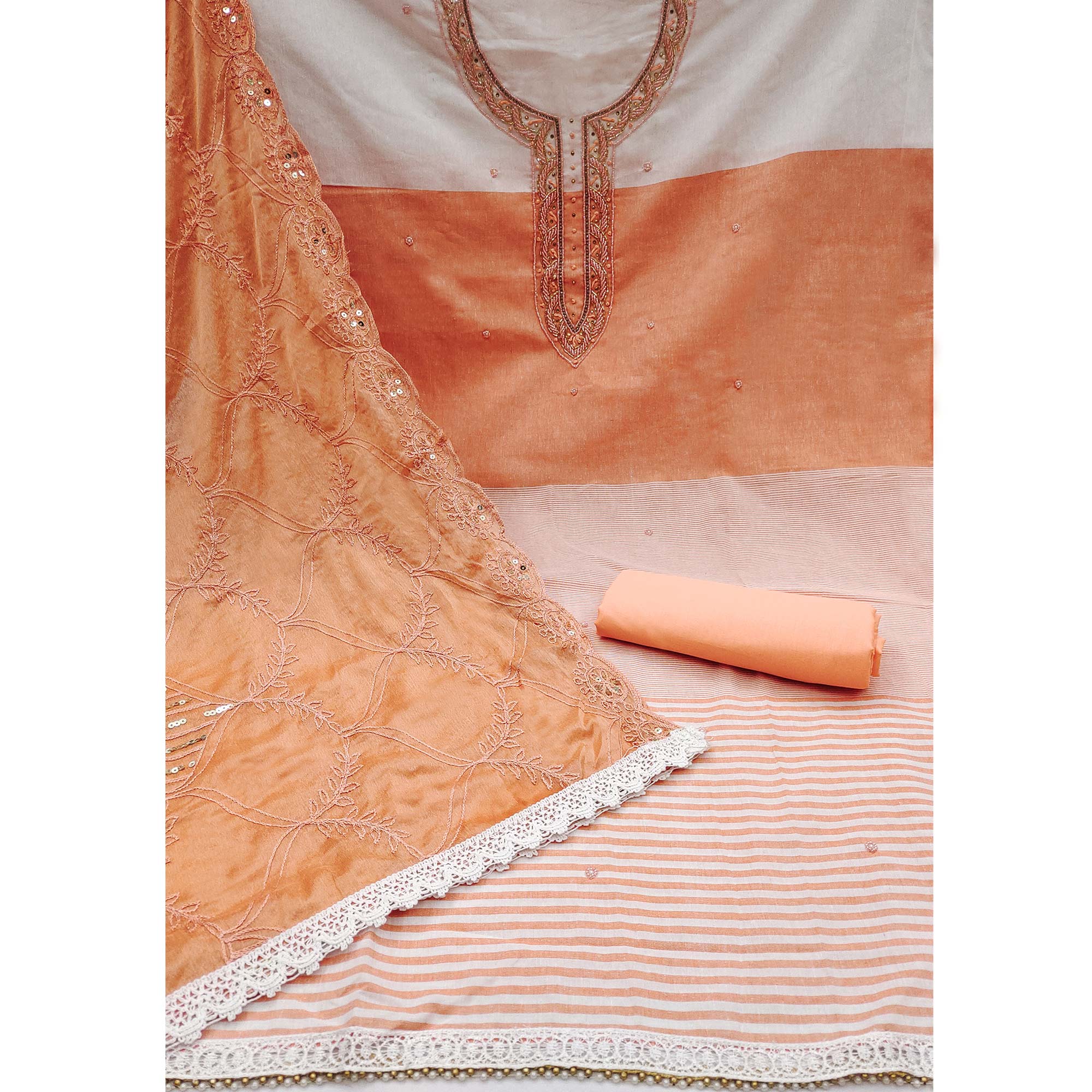 Orange Printed Handwork Pure Cotton Dress Material