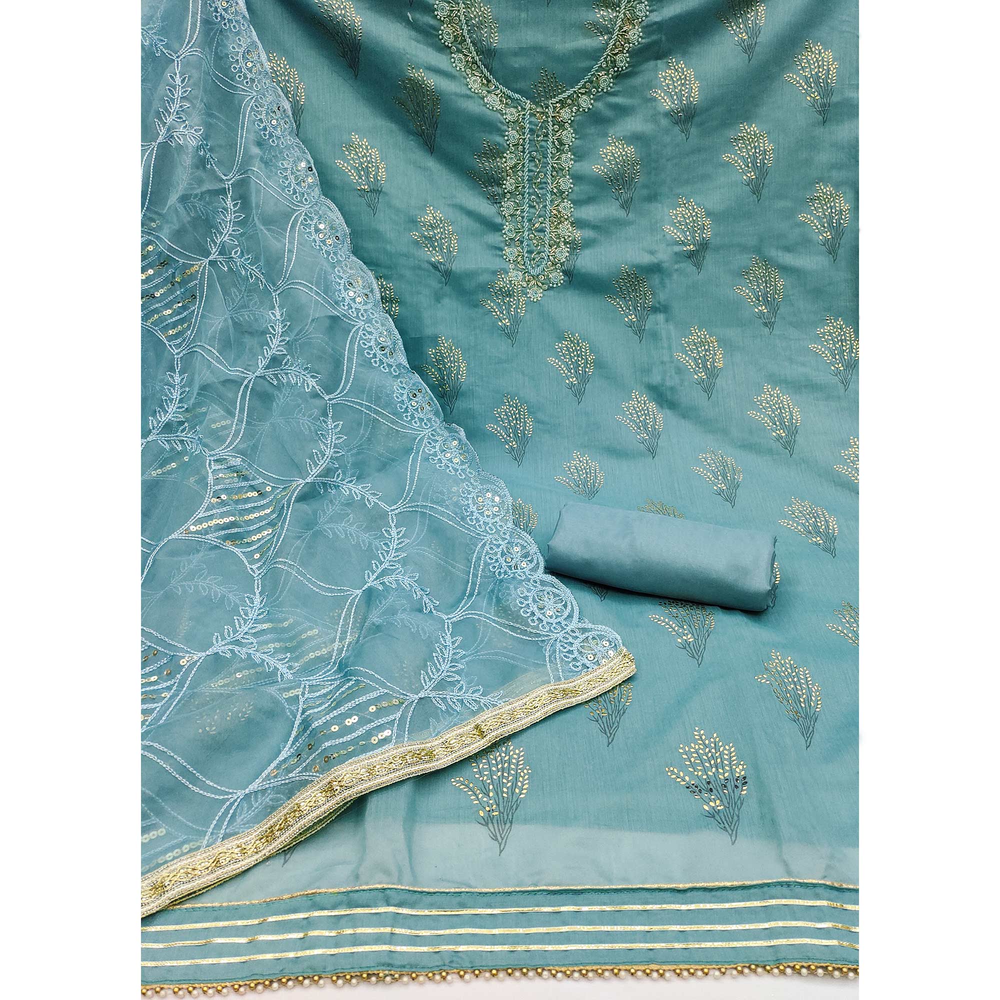 Blue Printed With Handwork Modal Dress Material