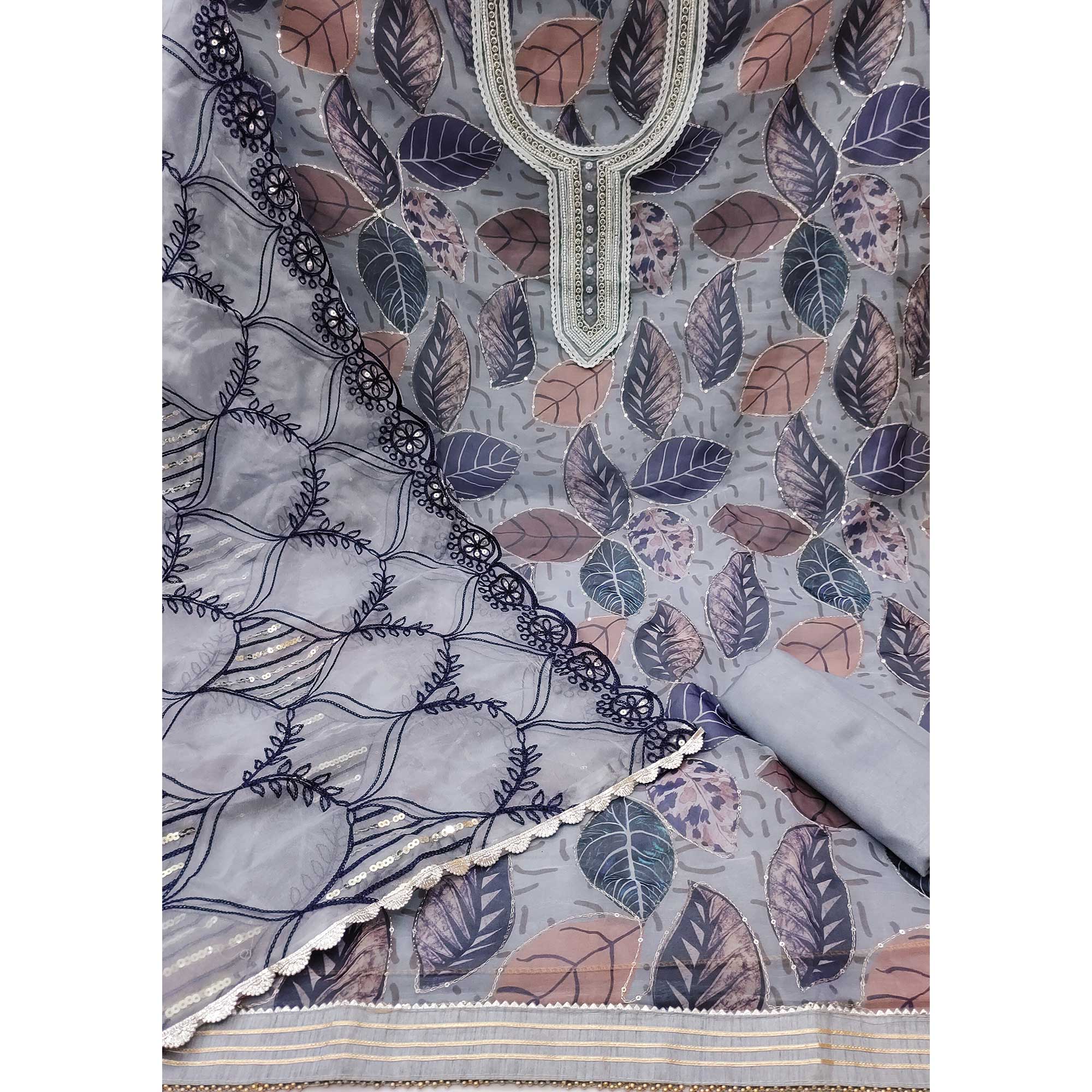 Grey Printed Organza Dress Material