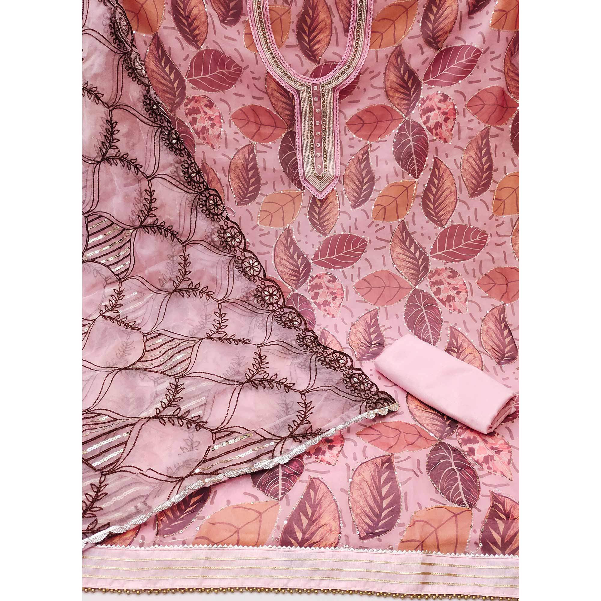 Pink Printed Organza Dress Material