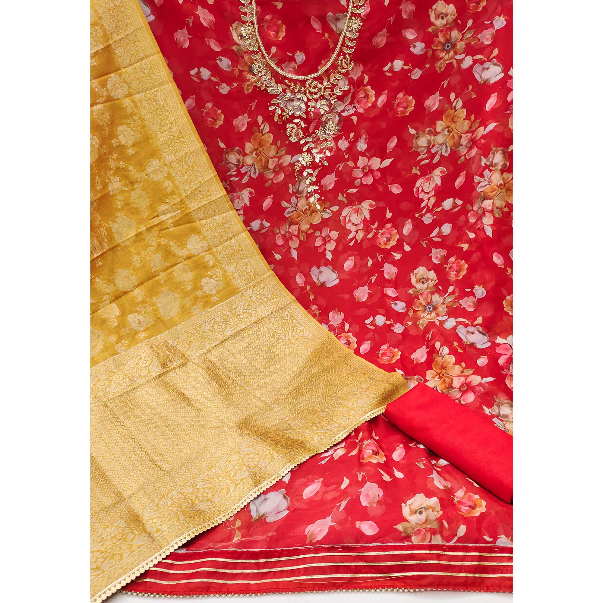 Red Floral Printed Organza Dress Material