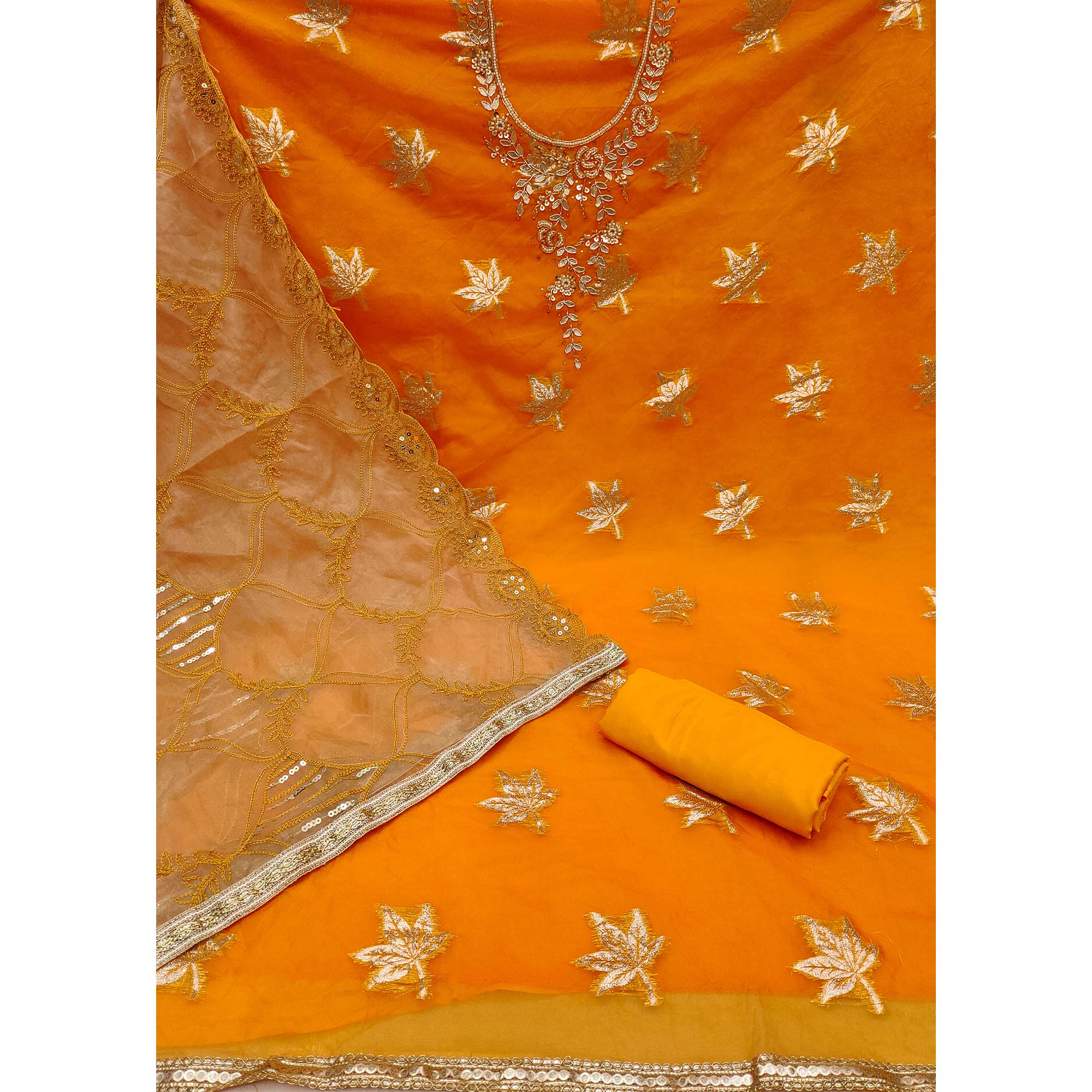 Orange Woven Organza Dress Material