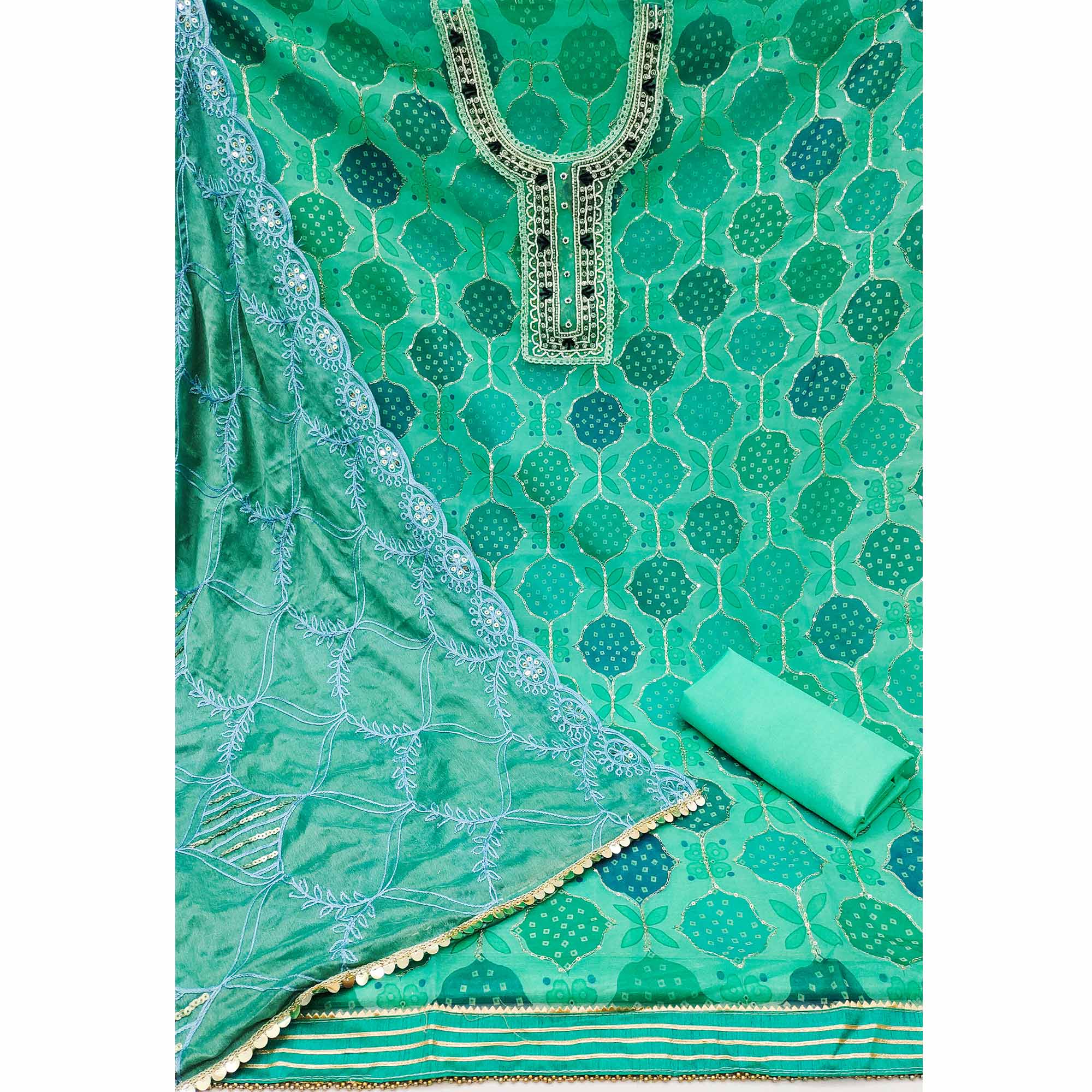 Rama Green Printed Organza Dress Material