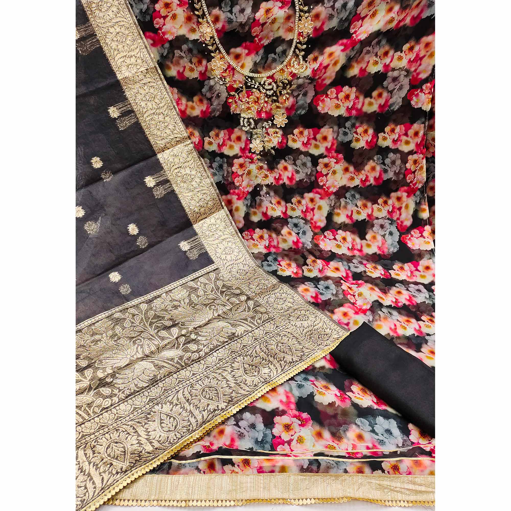 Black Floral Printed Organza Dress Material