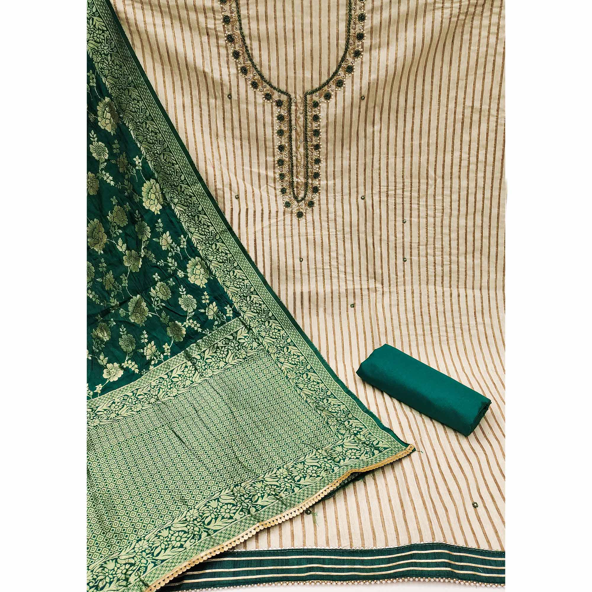 Beige & Green Woven Pure Cotton Dress Material