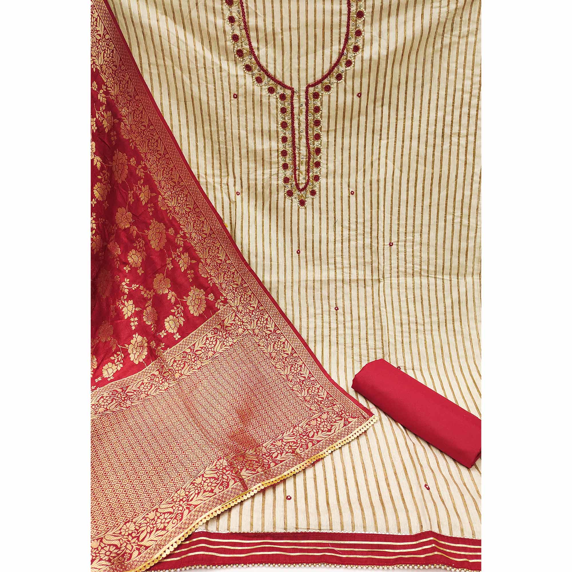 Beige & Red Woven Pure Cotton Dress Material