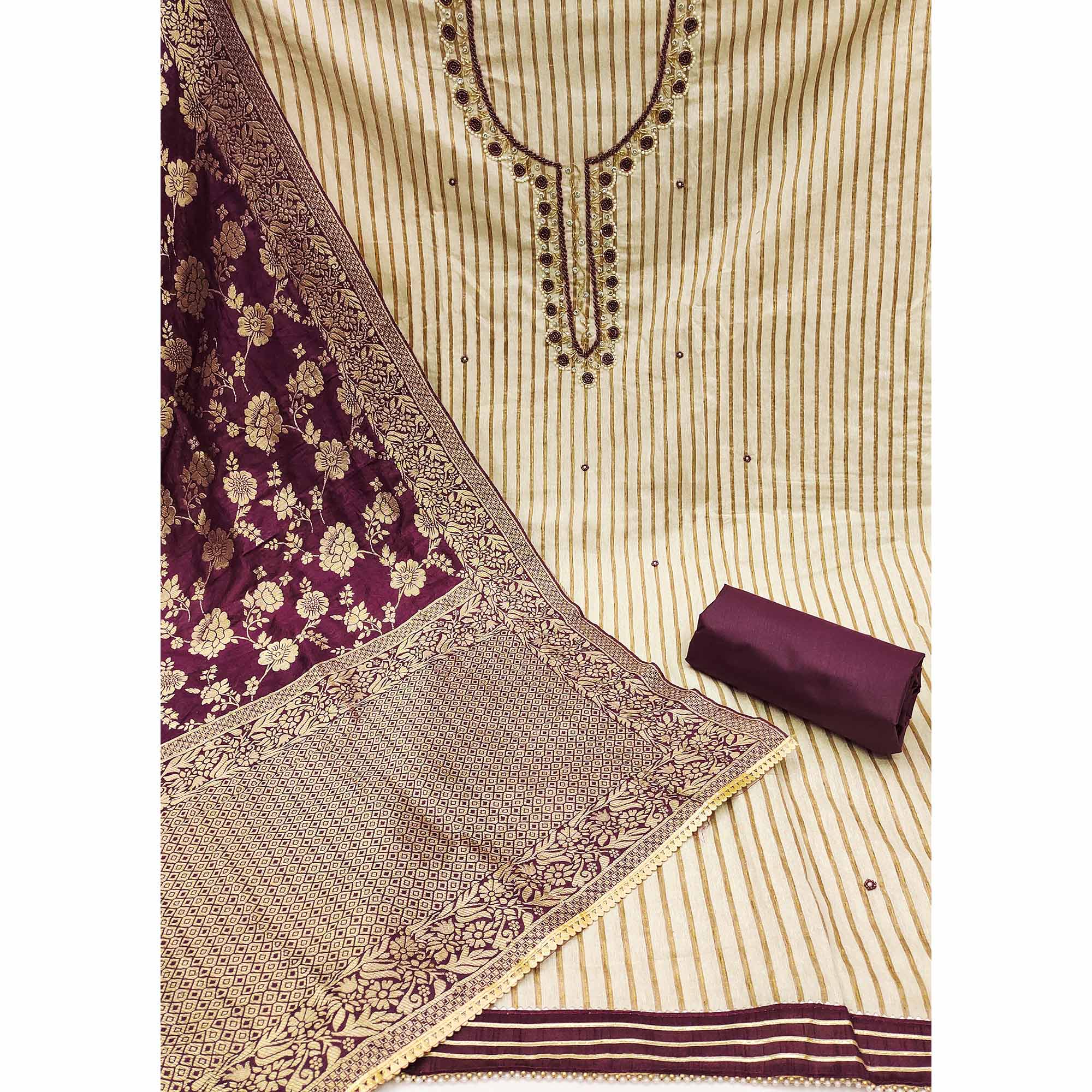 Beige & Wine Woven Pure Cotton Dress Material