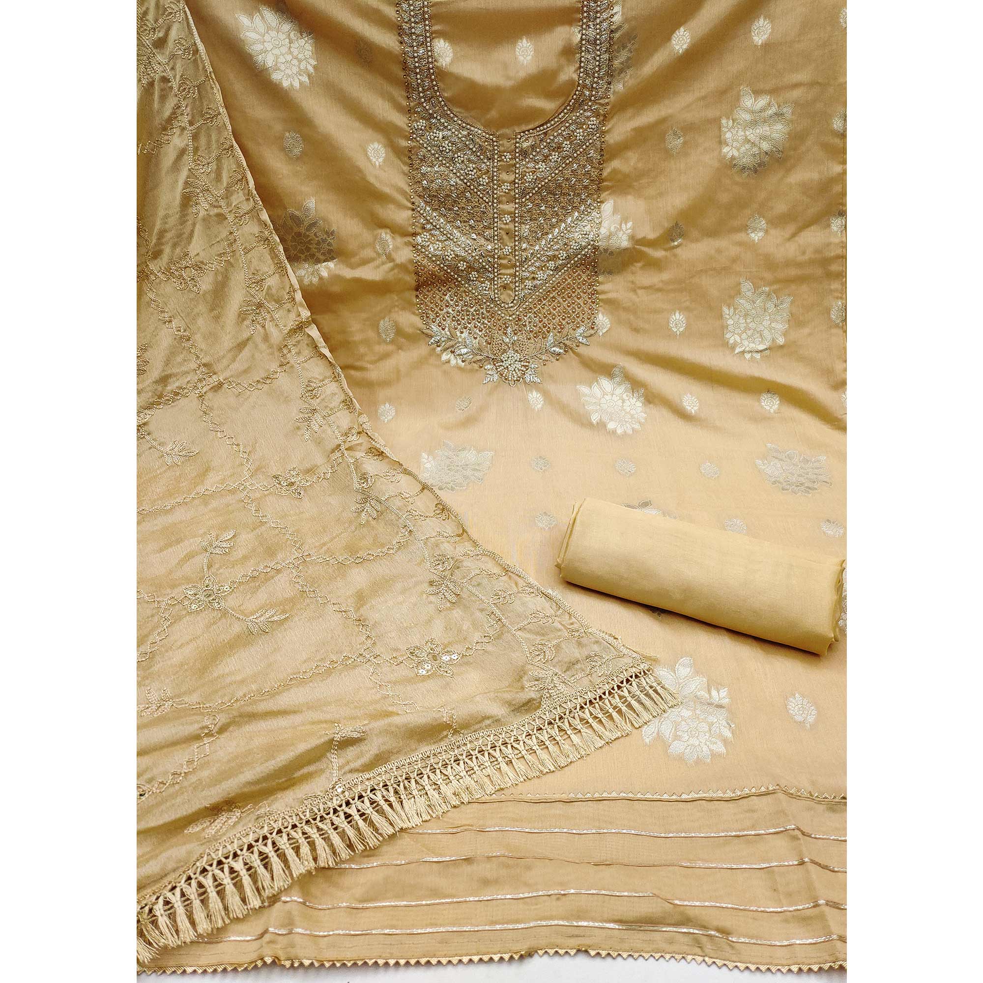 Chikoo Embroidered Chanderi Silk Dress Material