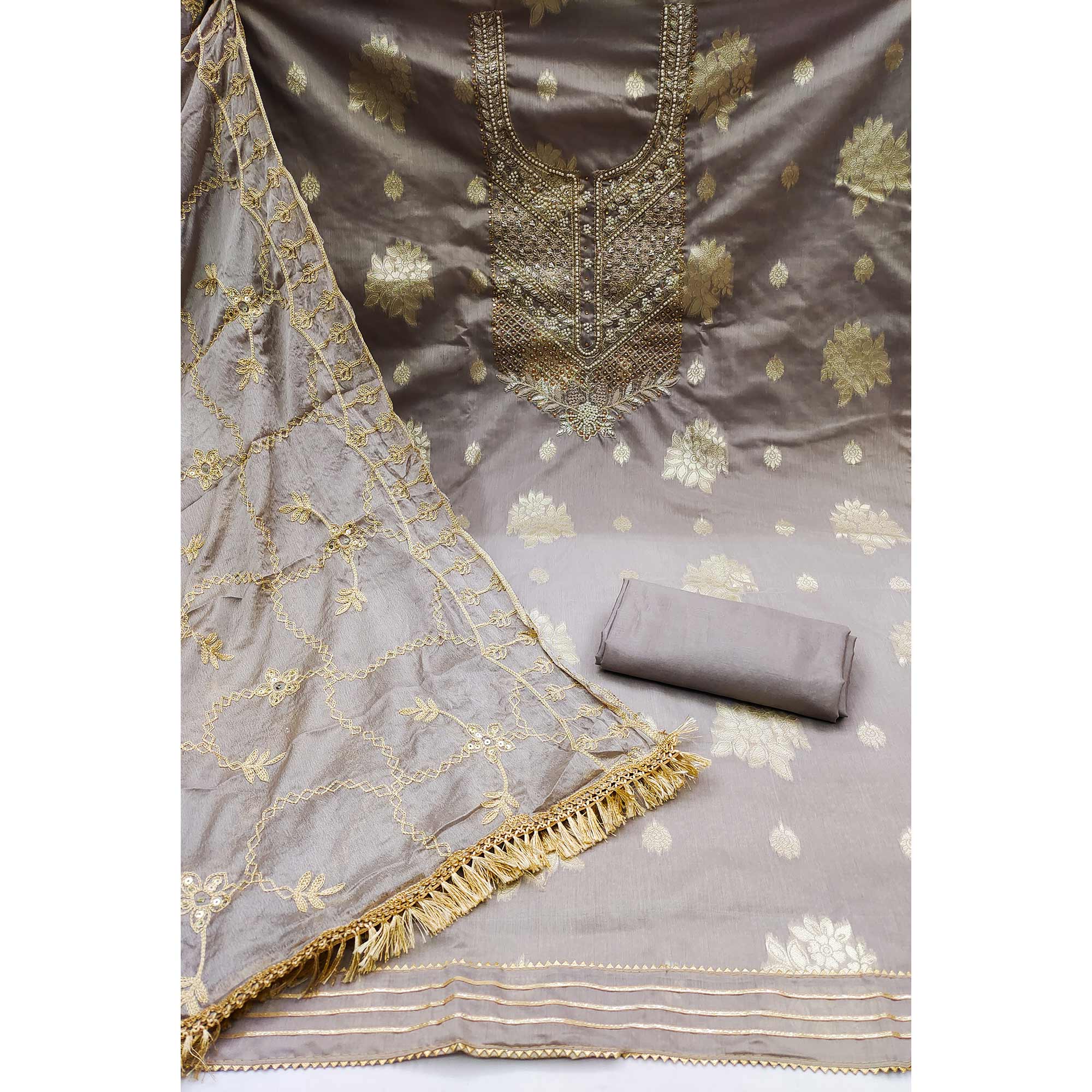 Grey Embroidered Chanderi Silk Dress Material