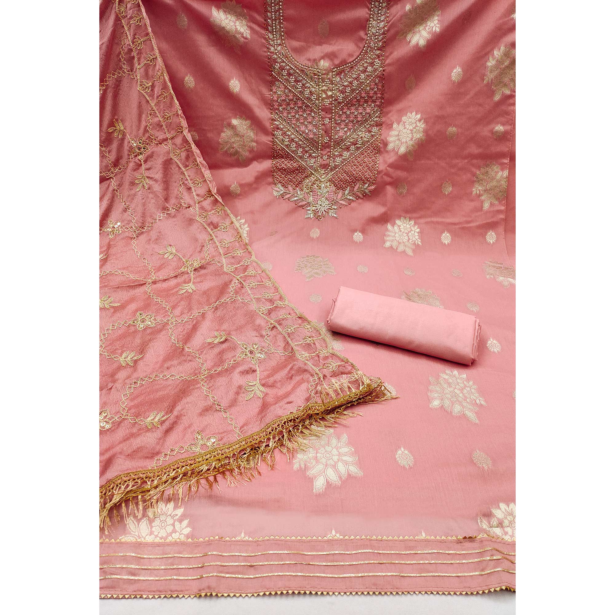 Peach Embroidered Chanderi Silk Dress Material