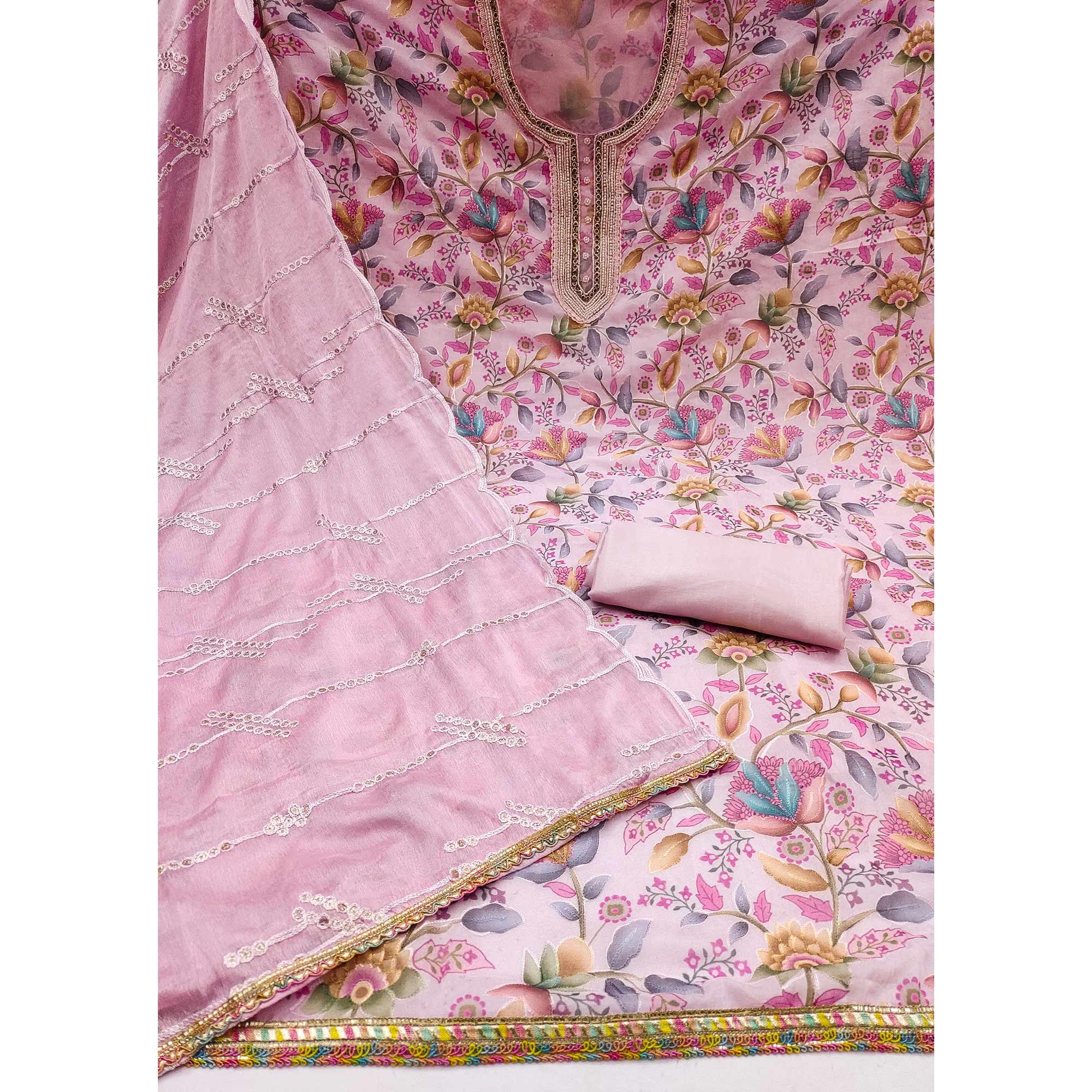 Pink Floral Printed Organza Dress Material