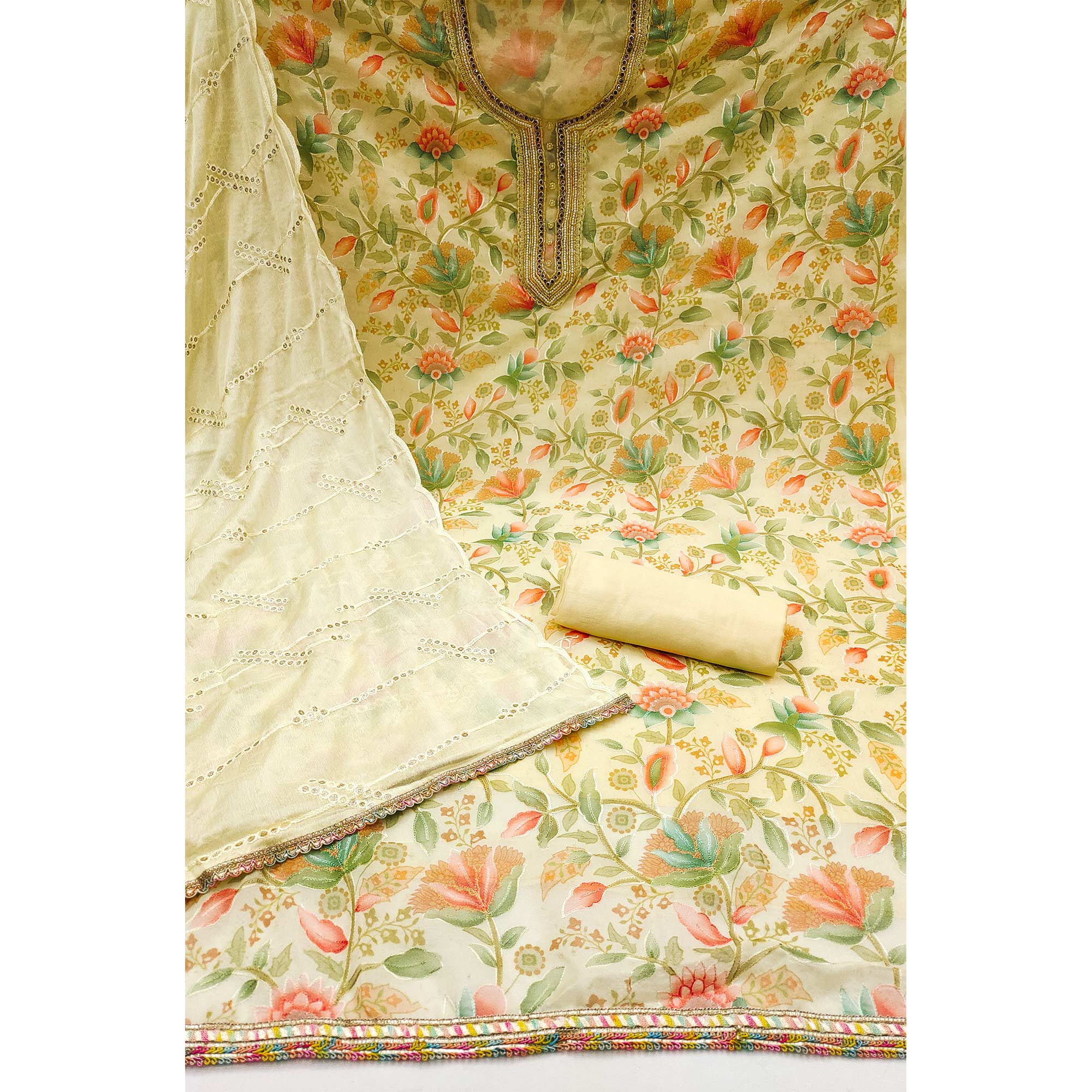 Yellow Floral Printed Organza Dress Material