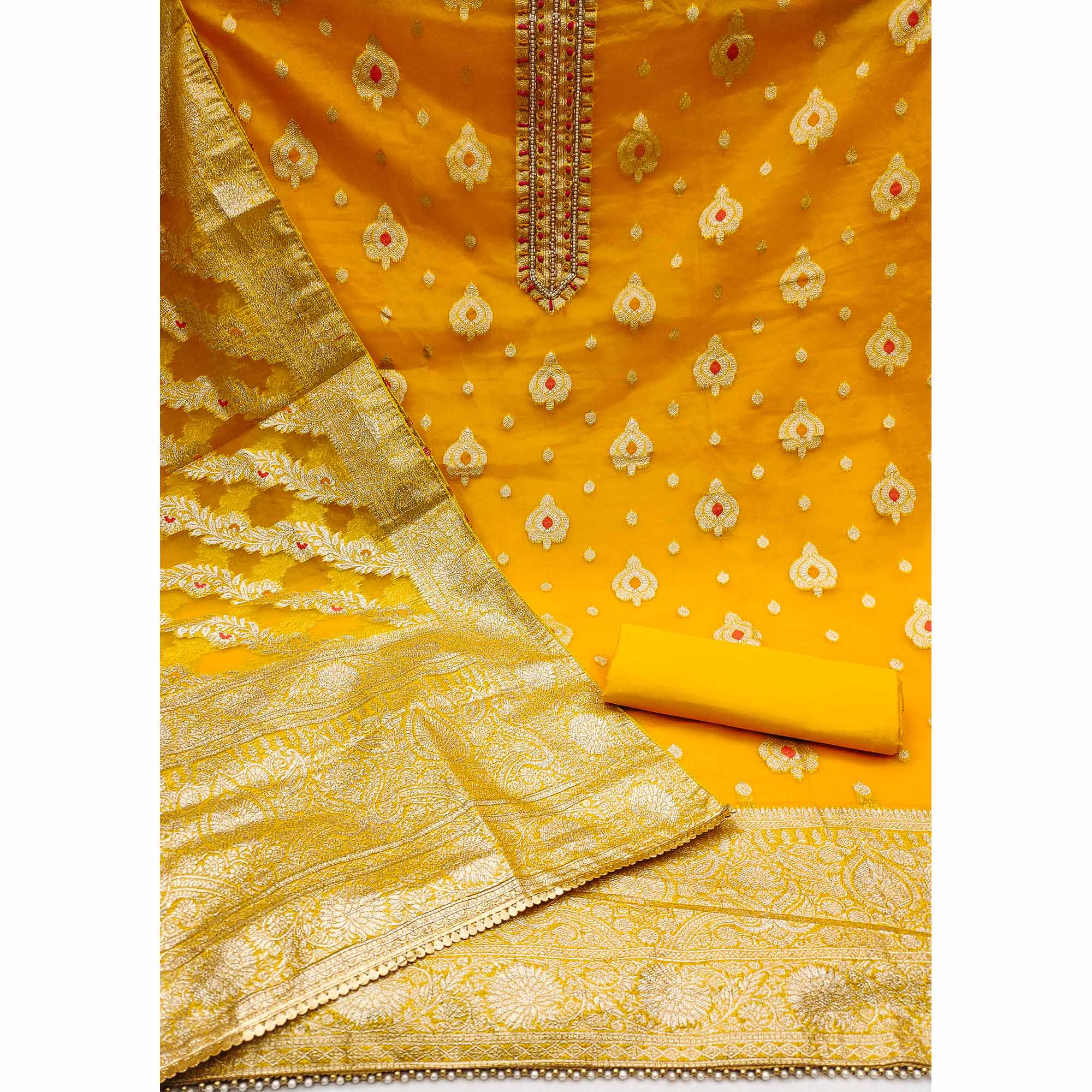 Yellow Woven Organza Dress Material