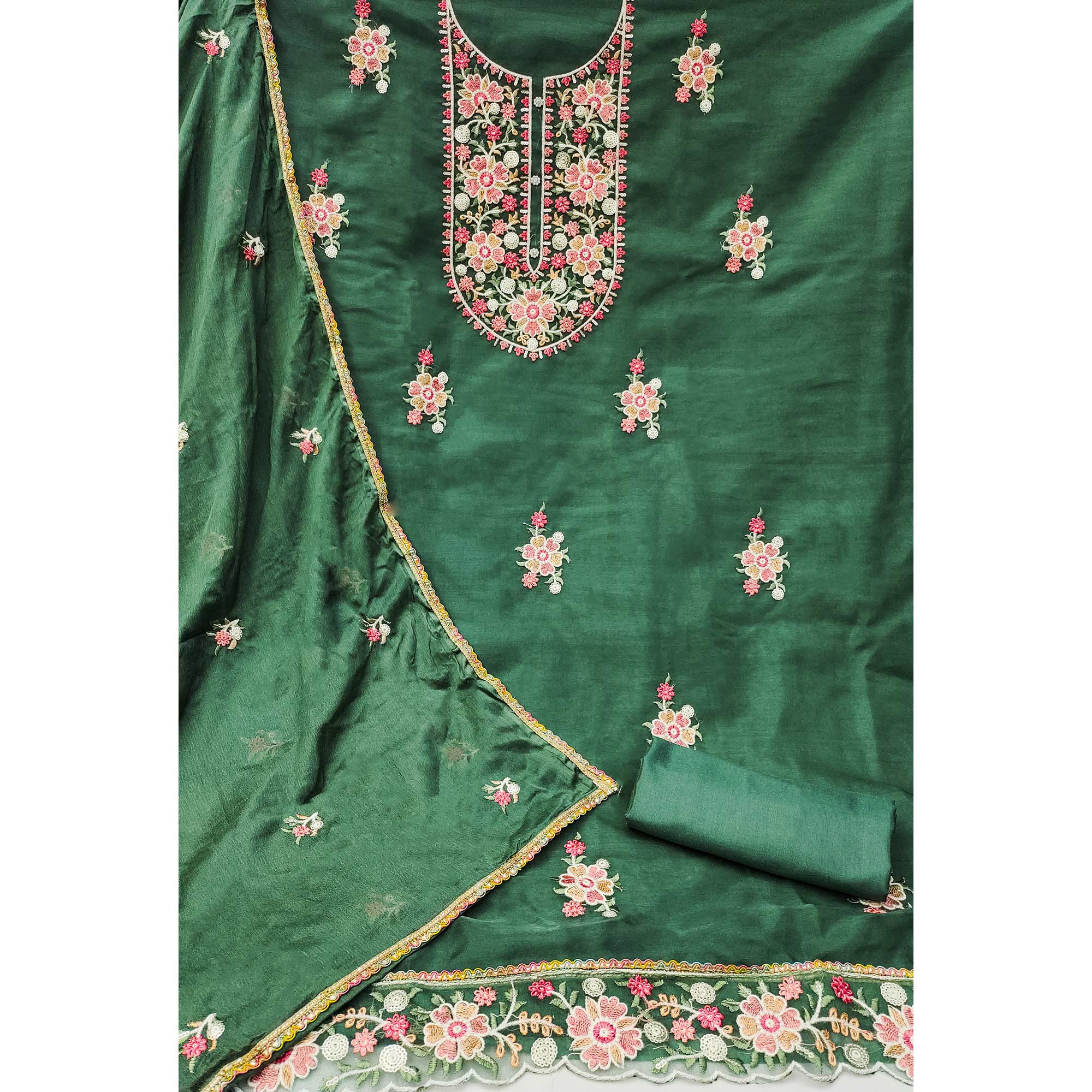 Green Floral Embroidered Organza Dress Material