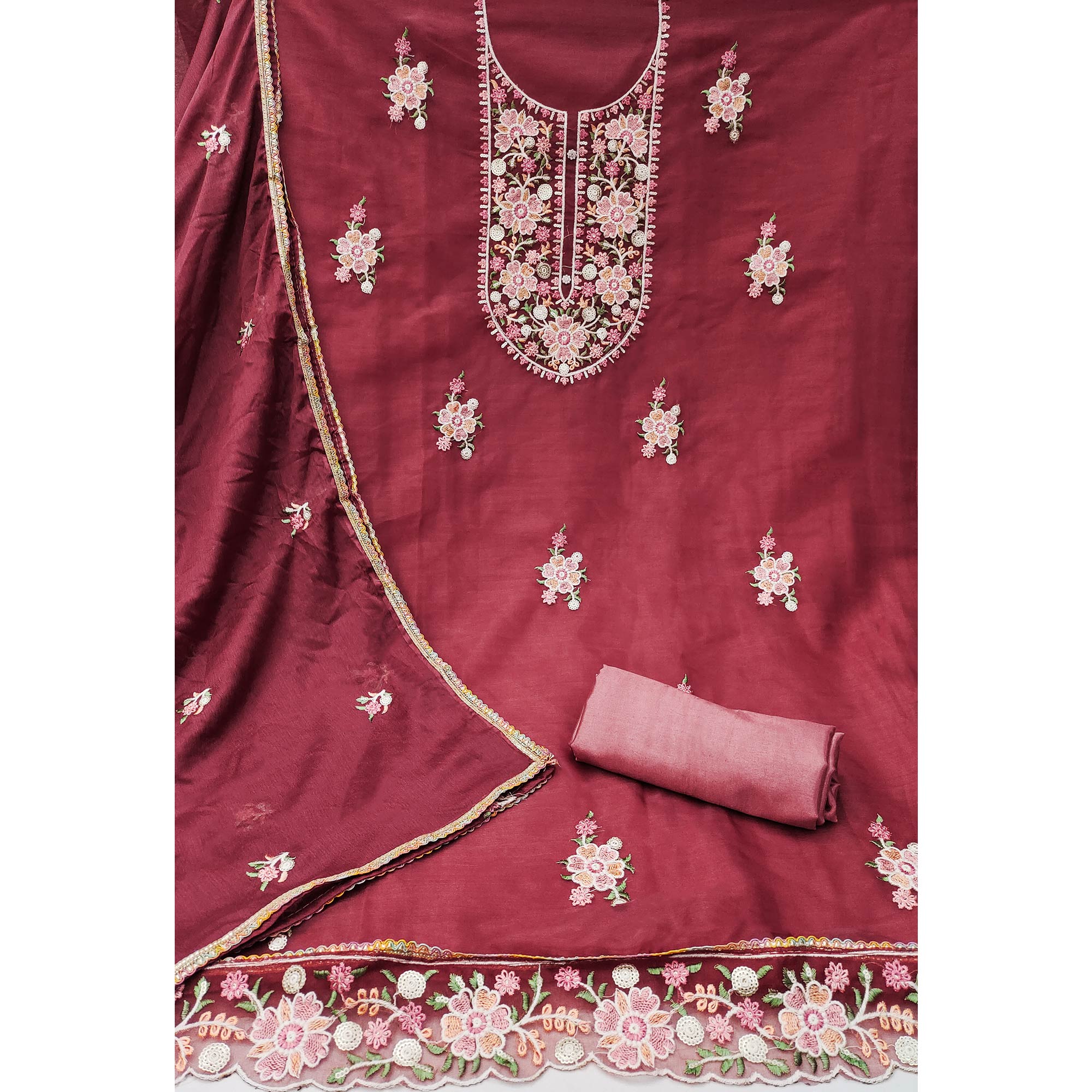 Maroon Floral Embroidered Organza Dress Material
