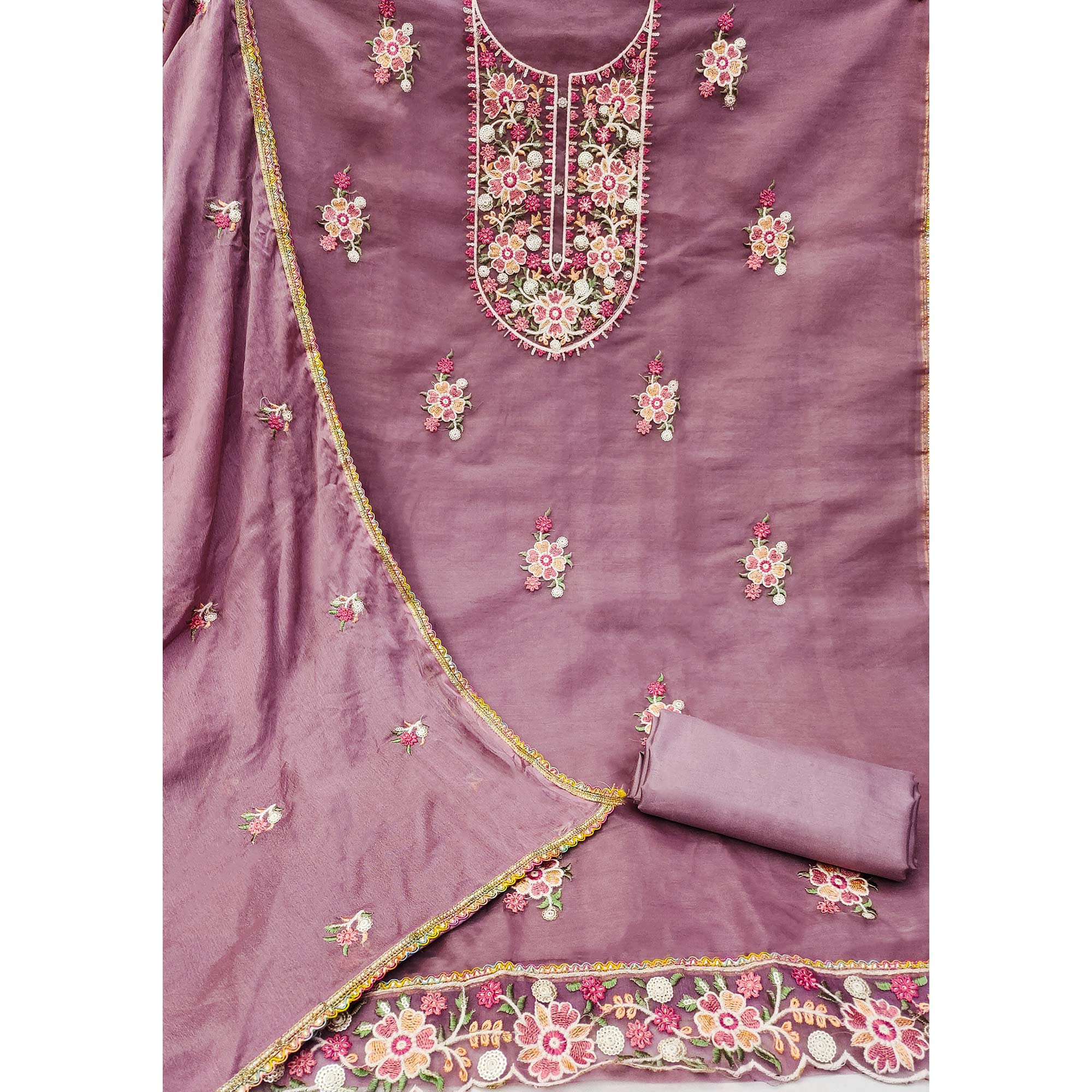 Mauve  Floral Embroidered Organza Dress Material
