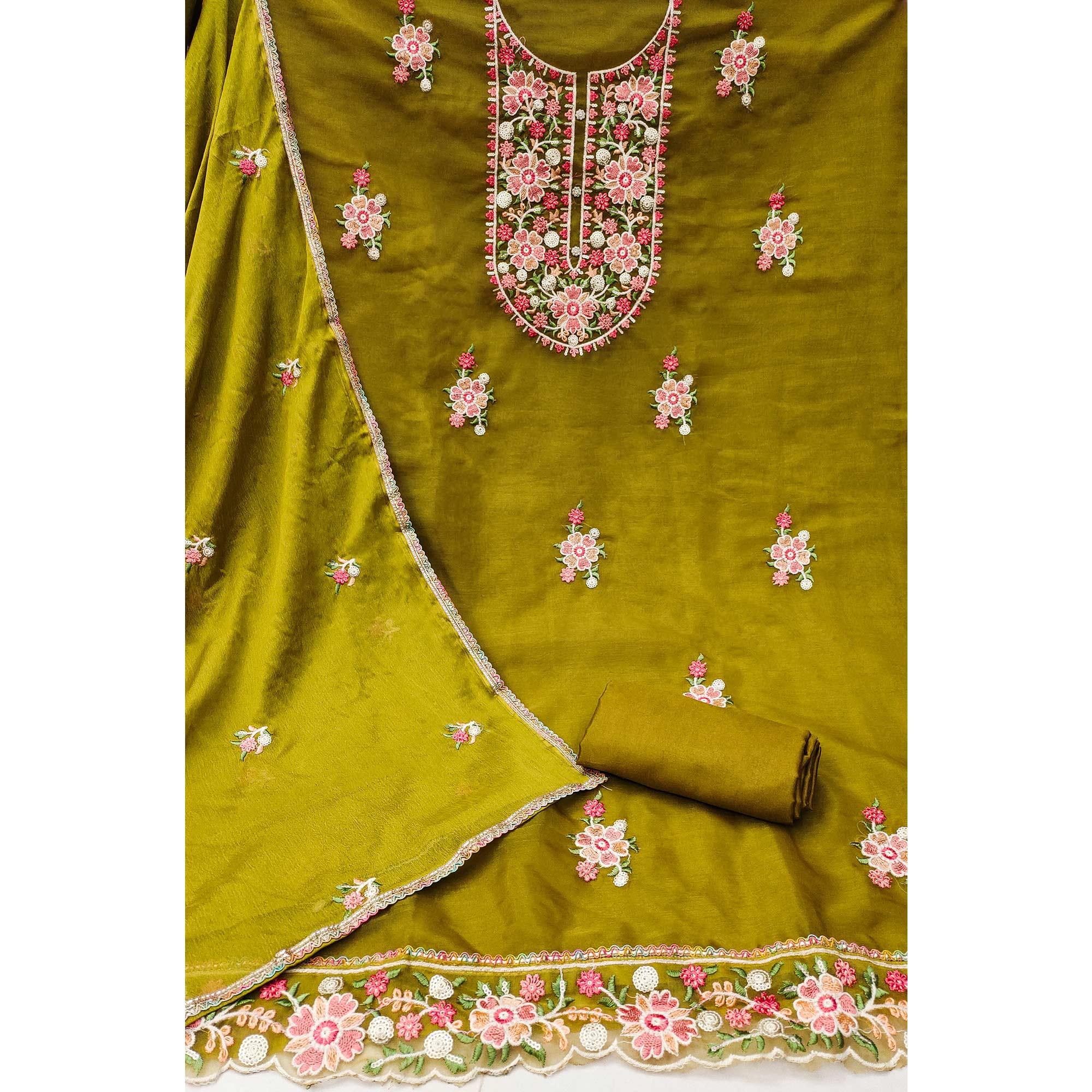 Mehendi Green Floral Embroidered Organza Dress Material