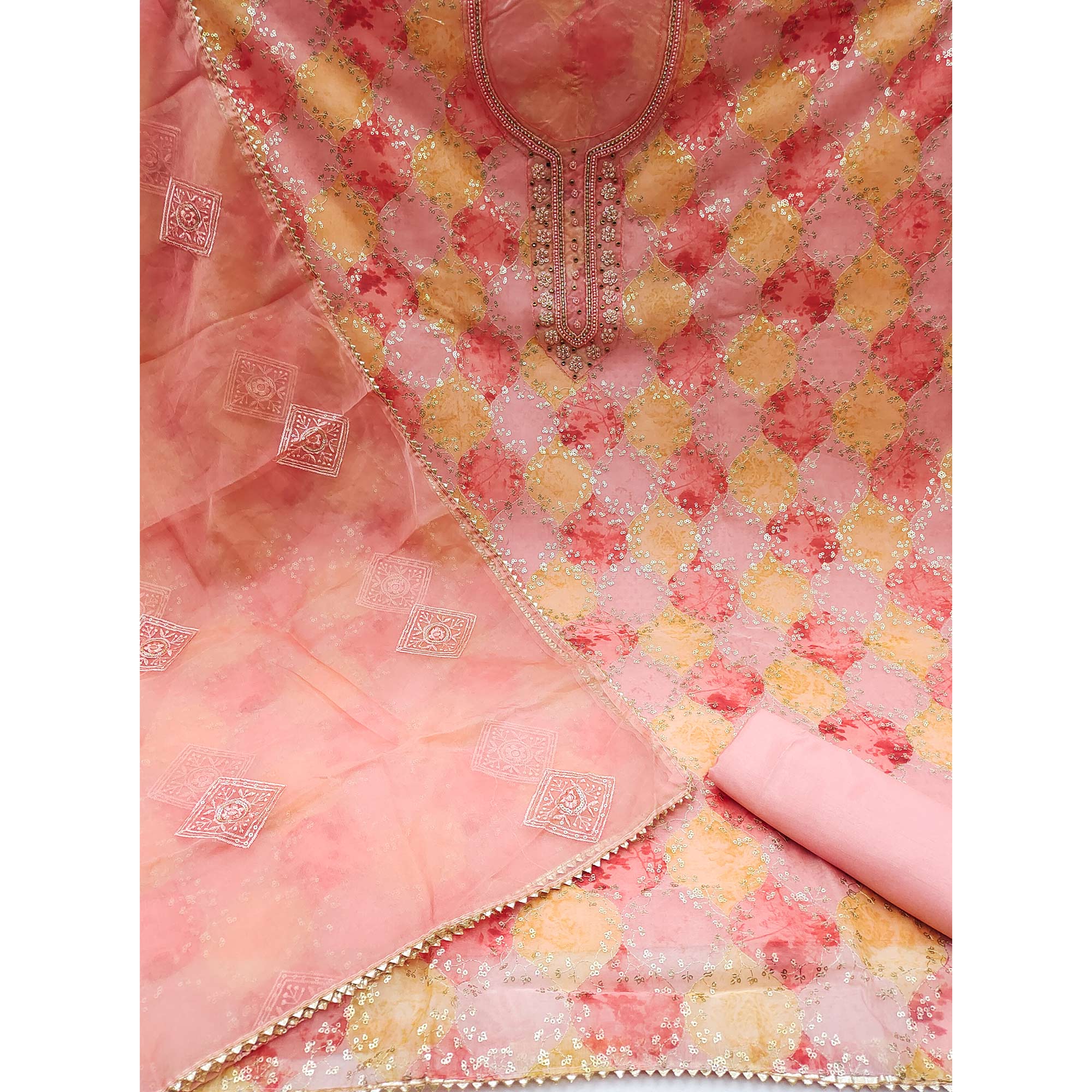 Peach Sequins Embroidered Organza Dress Material
