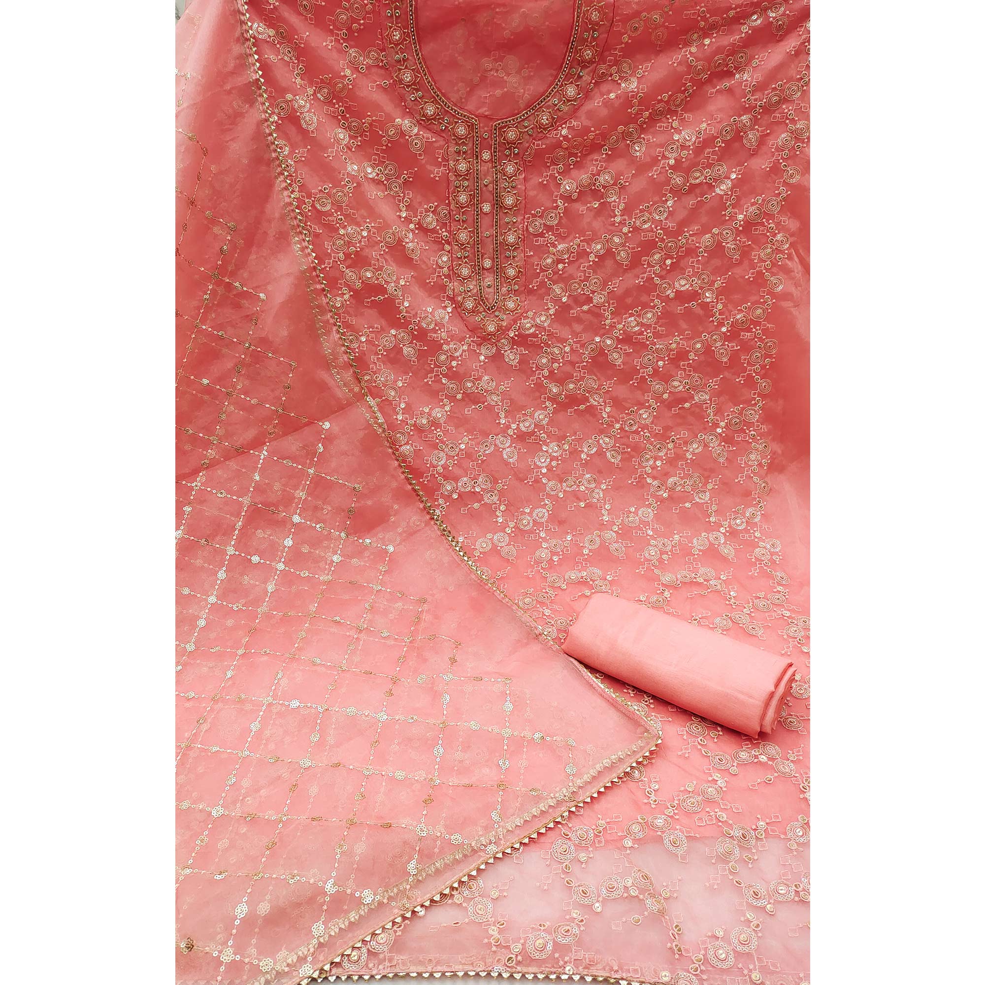 Peach Sequins Embroidered Organza Dress Material