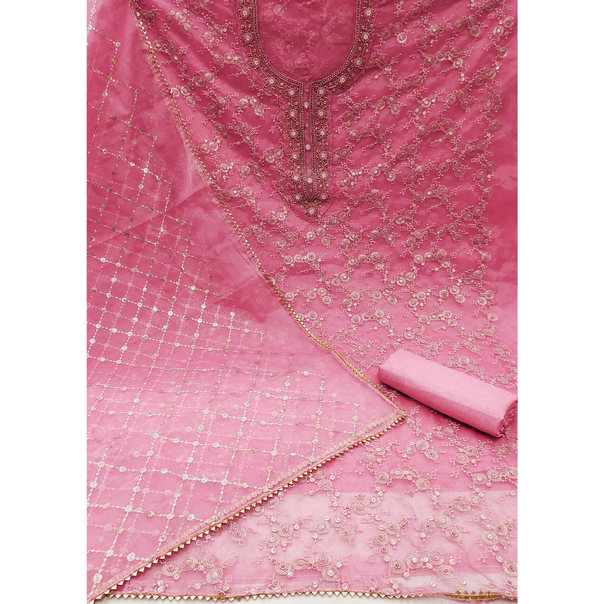 Pink Sequins Embroidered Organza Dress Material