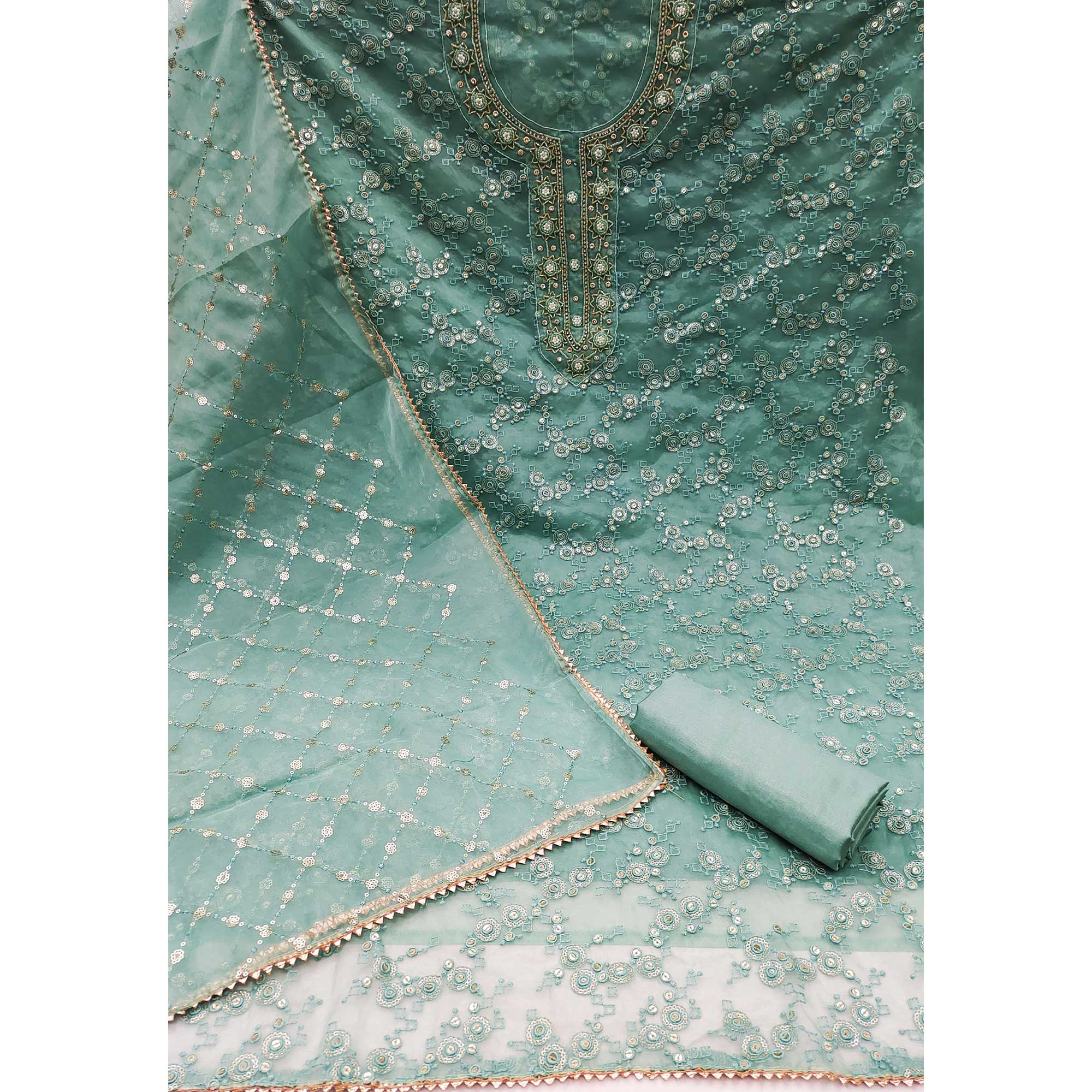 Turquoise Sequins Embroidered Organza Dress Material