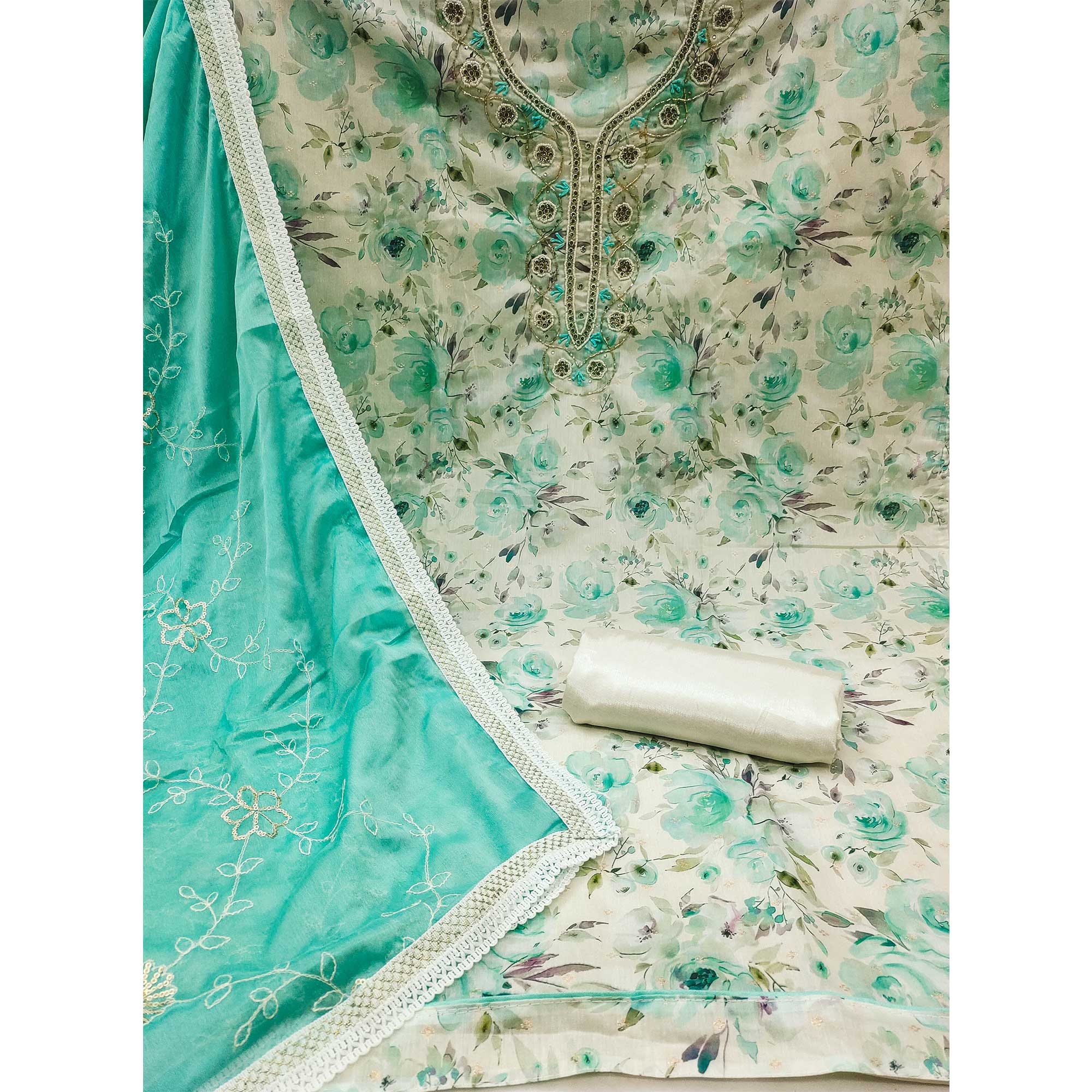 Cream & Turquoise Floral Digital Printed With Handwork Chanderi Silk Dress Material