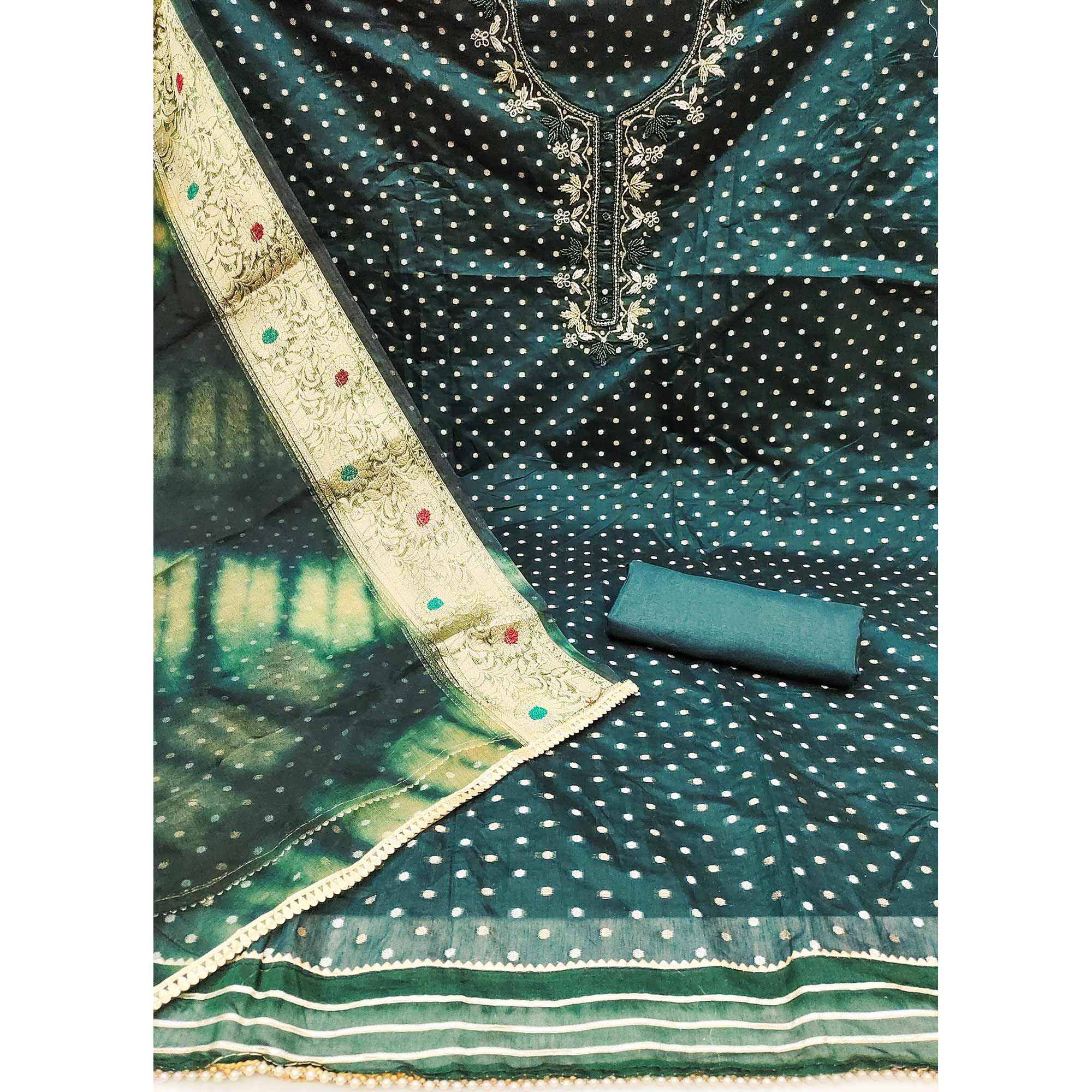 Morpich Woven With Handwork Chanderi Silk Dress Material