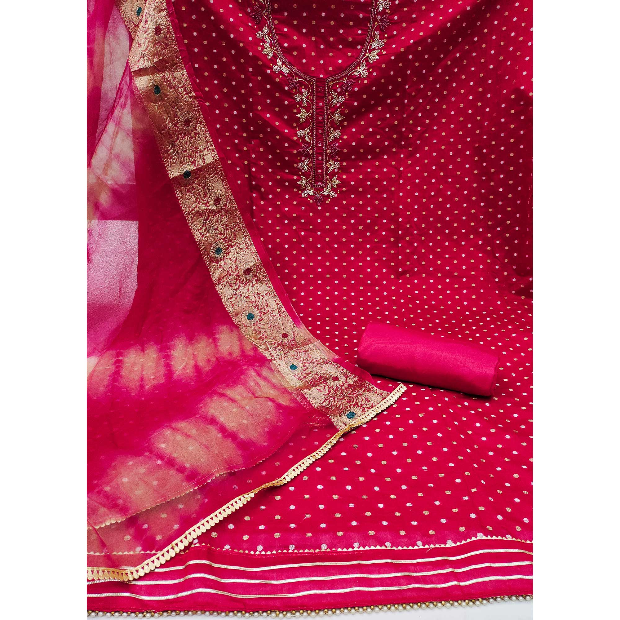 Pink Woven With Handwork Chanderi Silk Dress Material