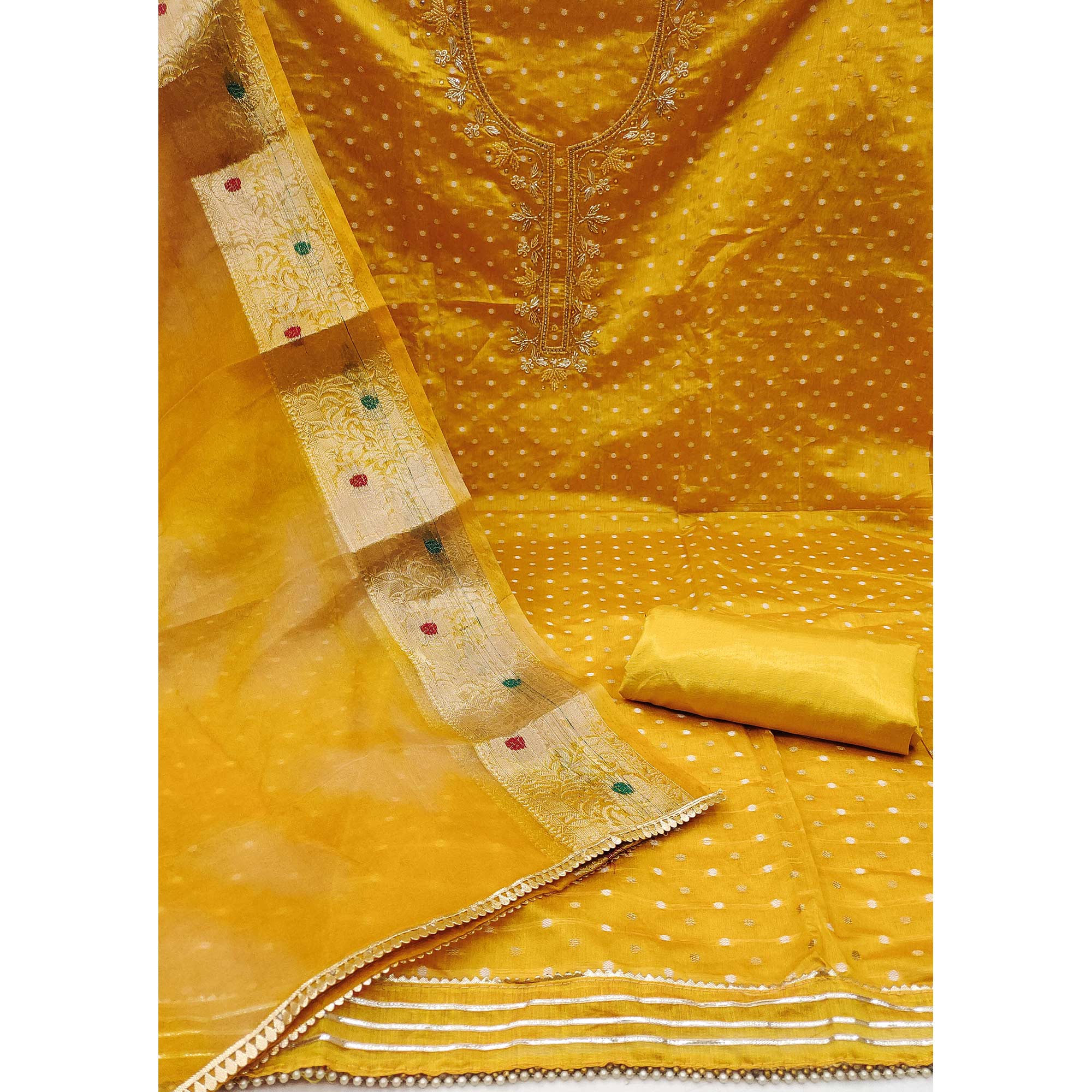 Yellow Woven With Handwork Chanderi Silk Dress Material