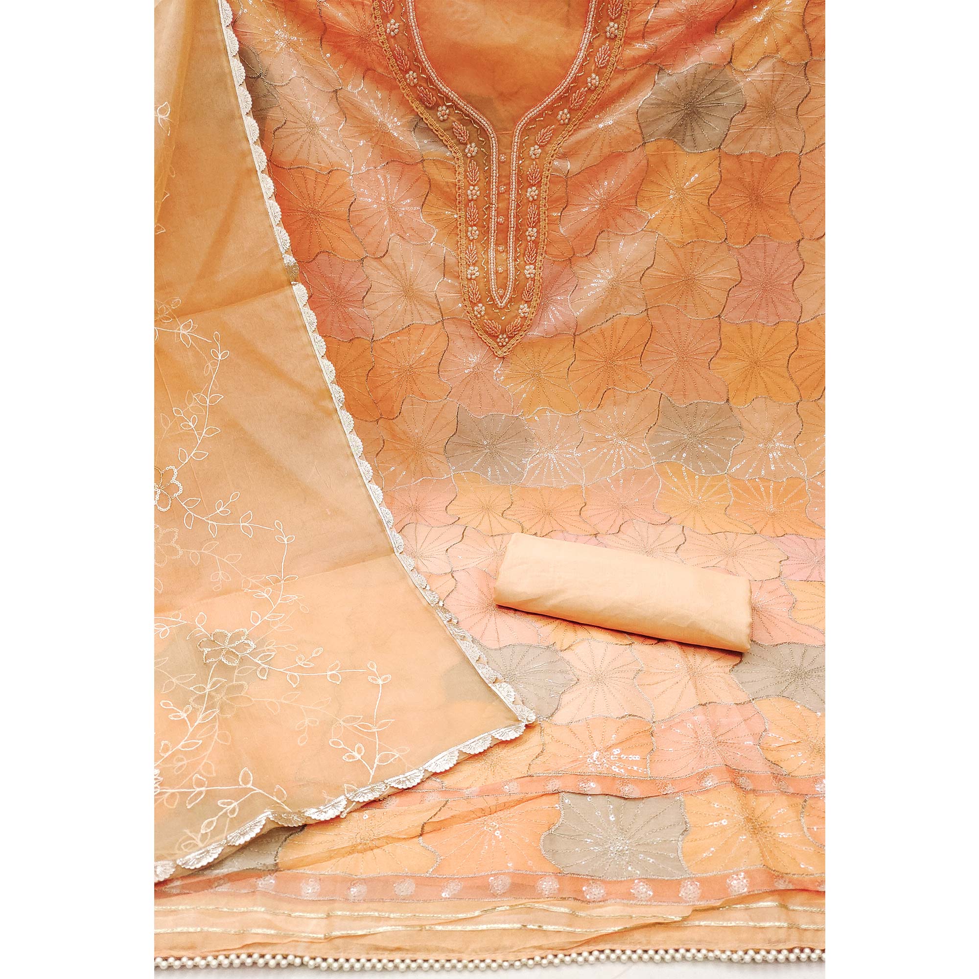 Light Peach Sequins Embroidered With Handwork Organza Dress Material