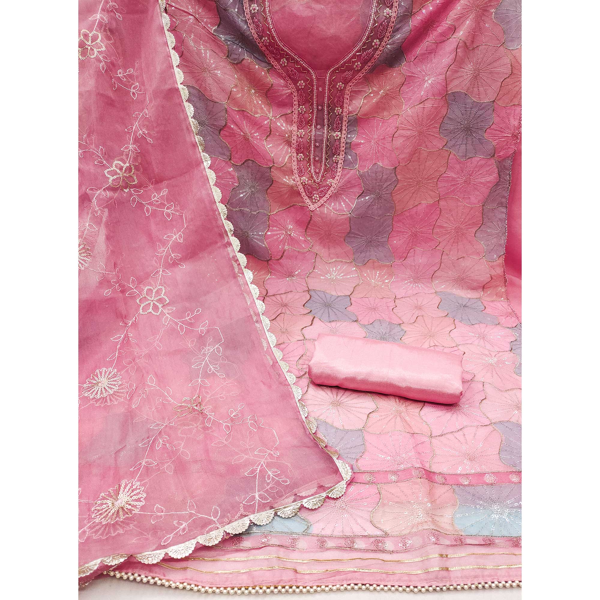 Pink Sequins Embroidered With Handwork Organza Dress Material