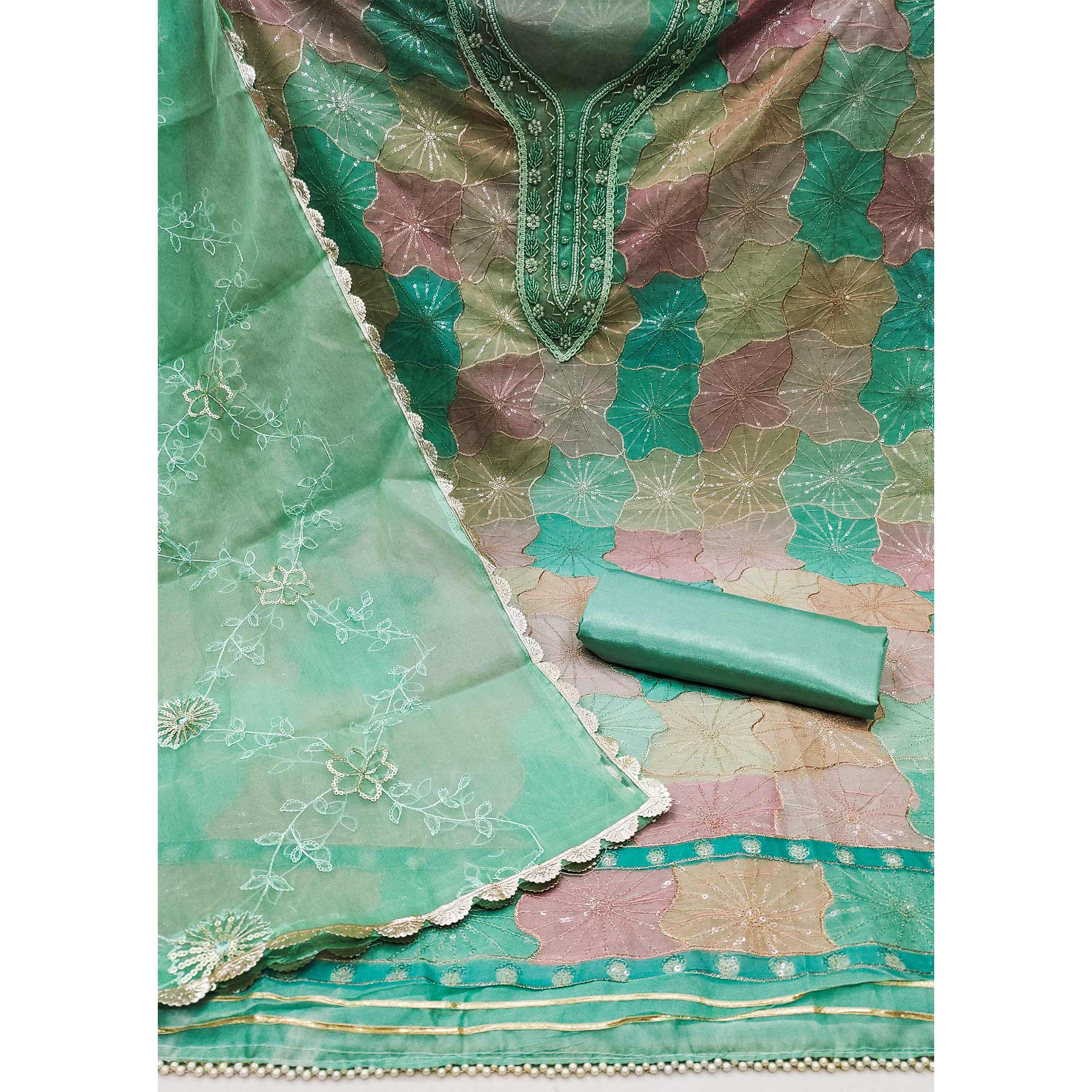 Sea Green Sequins Embroidered With Handwork Organza Dress Material